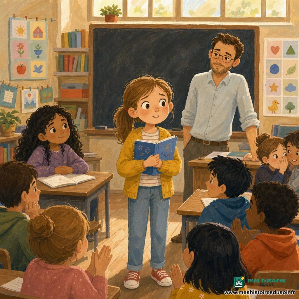 Lina, 10 ans, visage rond et taches de rousseur, cheveux châtain clair en queue de cheval, yeux grands et déterminés, tient un petit carnet bleu et raconte en classe son « toc » nocturne ; Samia, 10 ans, peau mate et cheveux bouclés, sourit depuis sa table à gauche, le professeur d'environ 35 ans en chemise claire et lunettes veille bienveillant près du tableau, tandis que d'autres élèves, silhouettes colorées, chuchotent ou applaudissent timidement ; la salle est chaleureuse avec lumière dorée, tableau à la craie, posters, étagères et sol en bois ; atmosphère intime, rassurante et légèrement humoristique, style gouache aux coups de pinceau texturés, couleurs chaudes et contours souples.
