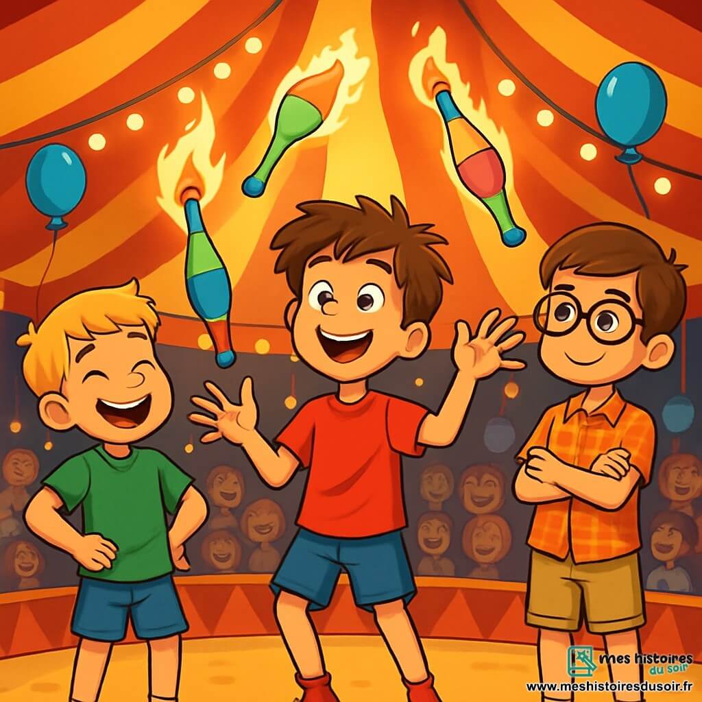 Il y a trois personnages : Max, un garçon de 10 ans avec des cheveux bruns en bataille, un t-shirt rouge et un short bleu, se tient au centre de l'image, prêt à jongler avec des quilles colorées. Léo, également âgé de 10 ans, a des cheveux blonds et porte un t-shirt vert et un pantalon court. Il est à gauche de Max, riant et admirant son ami. Tom, le troisième garçon, a des lunettes rondes et des cheveux châtains, vêtu d'une chemise à carreaux et d'un short beige, se trouve à droite de Max, les bras croisés et souriant. L'action se déroule dans un chapiteau de cirque aux rayures rouges et jaunes, rempli de spectateurs émerveillés et de ballons colorés. Max jongle maladroitement avec des quilles enflammées, tandis que Léo et Tom l'encouragent, créant une atmosphère joyeuse et magique.