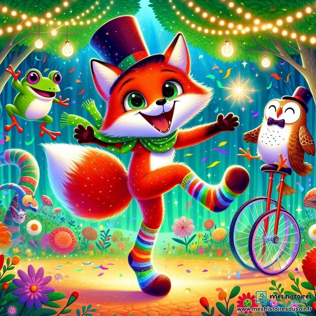 Rémi le renard, aux poils roux éclatants et aux yeux curieux, danse joyeusement dans une clairière enchantée, souriant largement. Ses chaussettes multicolores virevoltent autour de lui. À proximité, une grenouille en monocycle, chapeautée et lunettes rondes, applaudit en riant, tandis qu'un hibou en smoking observe la scène, amusé. La clairière est illuminée par des guirlandes scintillantes et des fleurs colorées dansent au rythme de la musique. Des confettis flottent dans l'air, créant une ambiance festive. Rémi et ses chaussettes dansantes sont au cœur d'un bal loufoque, où tous s'amusent ensemble dans une atmosphère magique.