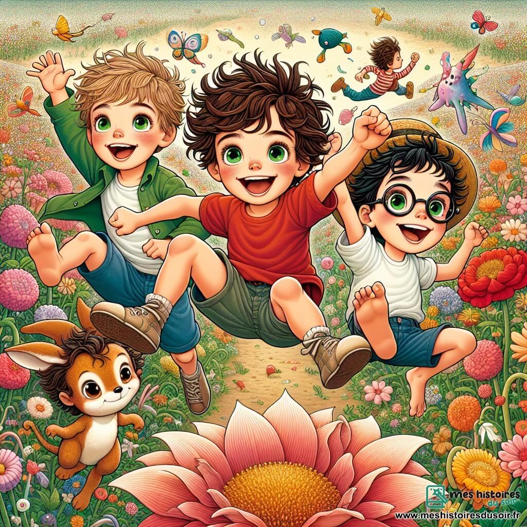 Dans un champ de fleurs géantes, quatre garçons de huit ans s'amusent. Lucas, avec des cheveux bruns et un t-shirt rouge, flotte joyeusement dans les airs. Maxime, en t-shirt vert et lunettes rondes, saute comme un kangourou. Hugo, aux cheveux noirs, nage dans l'air comme un poisson clown, tandis que Théo, avec un chapeau de paille, se pavane en poisson licorne. Le lieu est fantastique, rempli de fleurs colorées et de créatures étranges. Les garçons rient en essayant d'attraper des gâteaux flottants, créant une scène joyeuse et absurde.