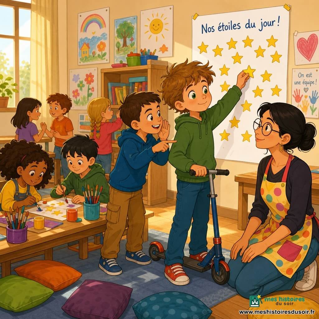 Un garçon d’environ 8 ans au visage rond, cheveux châtain clair en bataille et yeux verts tient une petite trottinette et colle une étoile jaune sur une grande affiche murale; Lucas, un autre garçon d’environ 8 ans aux cheveux bruns courts et au sourire malicieux, chuchote en souriant en pointant l’affiche; Mme Lila, vers 30 ans, cheveux noirs en chignon, lunettes rondes et tablier coloré, est agenouillée près d’eux, les regardant avec douceur; la salle d’activités lumineuse aux murs crème couverts de dessins, avec grandes tables en bois, pots de pinceaux, coussins multicolores, une boîte à idées décorée et une grande affiche blanche déjà étoilée, dégage une ambiance calme, chaleureuse et organisée où les enfants peignent et collent des étoiles à voix basse.