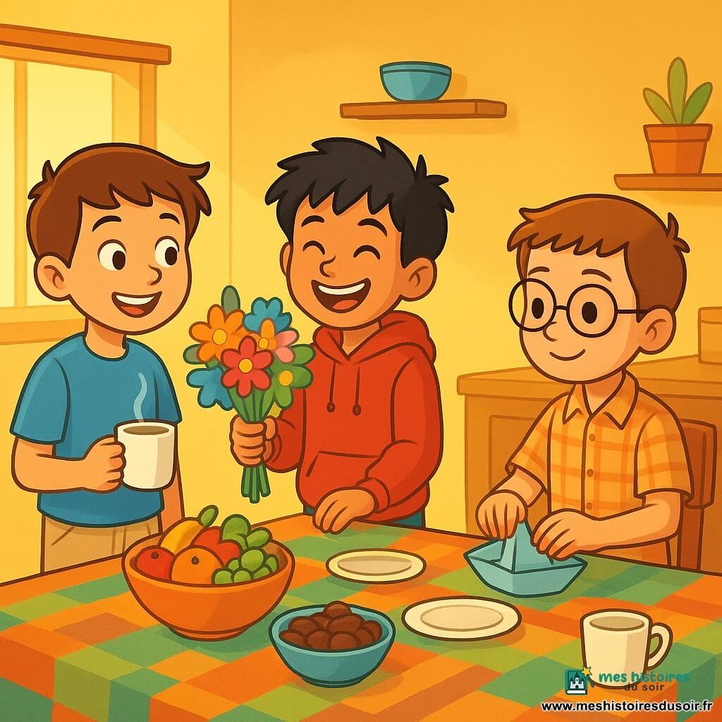 Trois personnages sont présents : Sami, un garçon de 10 ans aux cheveux bruns et aux yeux pétillants, souriant avec une tasse de lait chaud ; Bilal, un garçon de 9 ans aux cheveux noirs en désordre, habillé d'un sweat rouge et tenant un bouquet de fleurs colorées ; et Yassine, un garçon de 10 ans avec des cheveux châtains et des lunettes rondes, assis à une table en train de plier une serviette en forme de bateau. La scène se déroule dans une cuisine chaleureuse aux murs jaunes, avec une grande table en bois recouverte d'une nappe colorée. Les trois amis préparent le repas du soir pour le Ramadan, entourés de fruits et de dattes, créant une atmosphère joyeuse et festive, emplie du parfum du pain chaud.