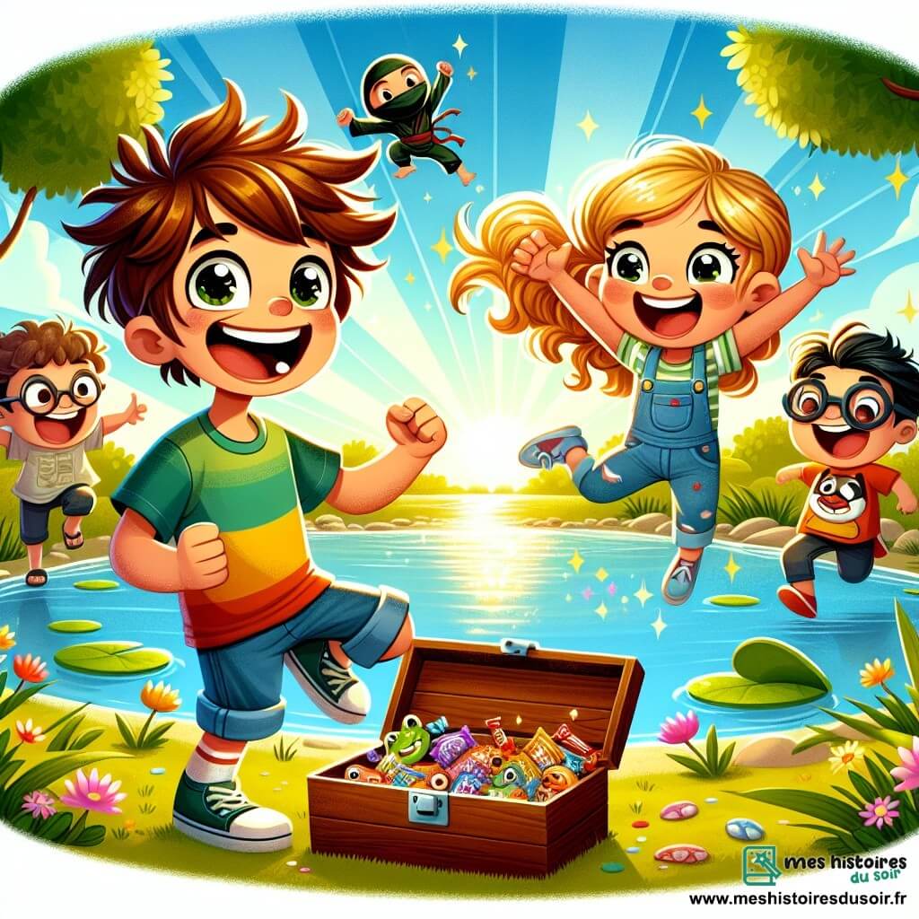 Un garçon de 7 ans, Max, souriant et tenant une boîte en bois pleine de bonbons et de petits jouets, se tient au bord d'un lac ensoleillé. À côté de lui, sa meilleure amie Zoé, aux boucles dorées, saute de joie. Un peu plus loin, Tom, avec des lunettes trop grandes, fait des gestes de ninja en riant, tandis que Léo, avec un t-shirt amusant, fait des grimaces. Le lac scintille, entouré de nénuphars et de fleurs colorées, créant une atmosphère joyeuse. Les enfants découvrent ensemble le trésor dans la boîte, partageant des bonbons et riant, illustrant leur amitié et leurs aventures.