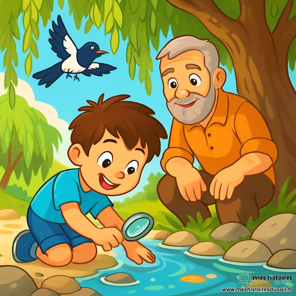 Un garçon de 6 ans, Malo, avec des cheveux bruns en bataille et des yeux curieux, s'agenouille au bord d'une rivière scintillante. Il porte un t-shirt bleu et un short en jean, et son visage exprime joie et excitation. À ses côtés, Maître Hugo, un homme d'environ 50 ans avec une barbe grise, l'observe avec bienveillance, prêt à l'aider. La scène se déroule au bord d'une rivière claire, entourée de pierres lisses et de saules, où la lumière du soleil crée des reflets dorés. Malo tient un petit miroir rond, scrutant l'eau à la recherche d'un trésor, tandis qu'une pie curieuse survole la scène, ajoutant une touche de magie à ce moment d'aventure.