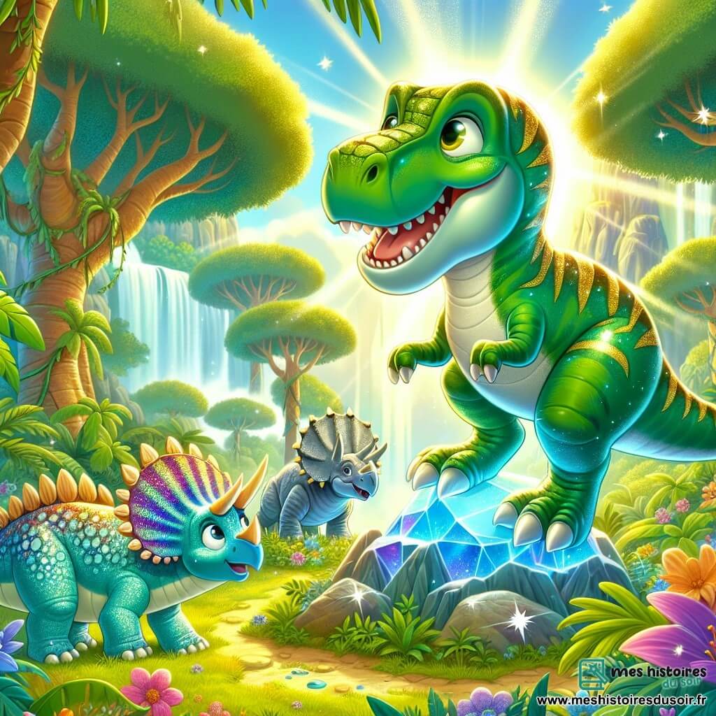 Un Tyrannosaure Rex aux écailles vertes et dorées brille sous le soleil, flottant joyeusement dans les airs avec un grand sourire, ses petits bras écartés comme s'il volait. À ses côtés, une tricératops nommée Léa, avec des cornes majestueuses et une peau bleu clair, lève les yeux avec émerveillement, tandis qu'un stégosaure nommé Rocco, avec ses plaques dorsales colorées, les regarde avec curiosité, tous deux au sol, entourés de feuillages luxuriants. La scène se déroule dans une jungle vibrante, avec des arbres géants, des fleurs éclatantes et une cascade scintillante en arrière-plan, créant une atmosphère magique. Tino, Léa et Rocco découvrent ensemble la pierre scintillante qui a permis à Tino de flotter, symbolisant l'amitié et l'aventure qui les attendent.