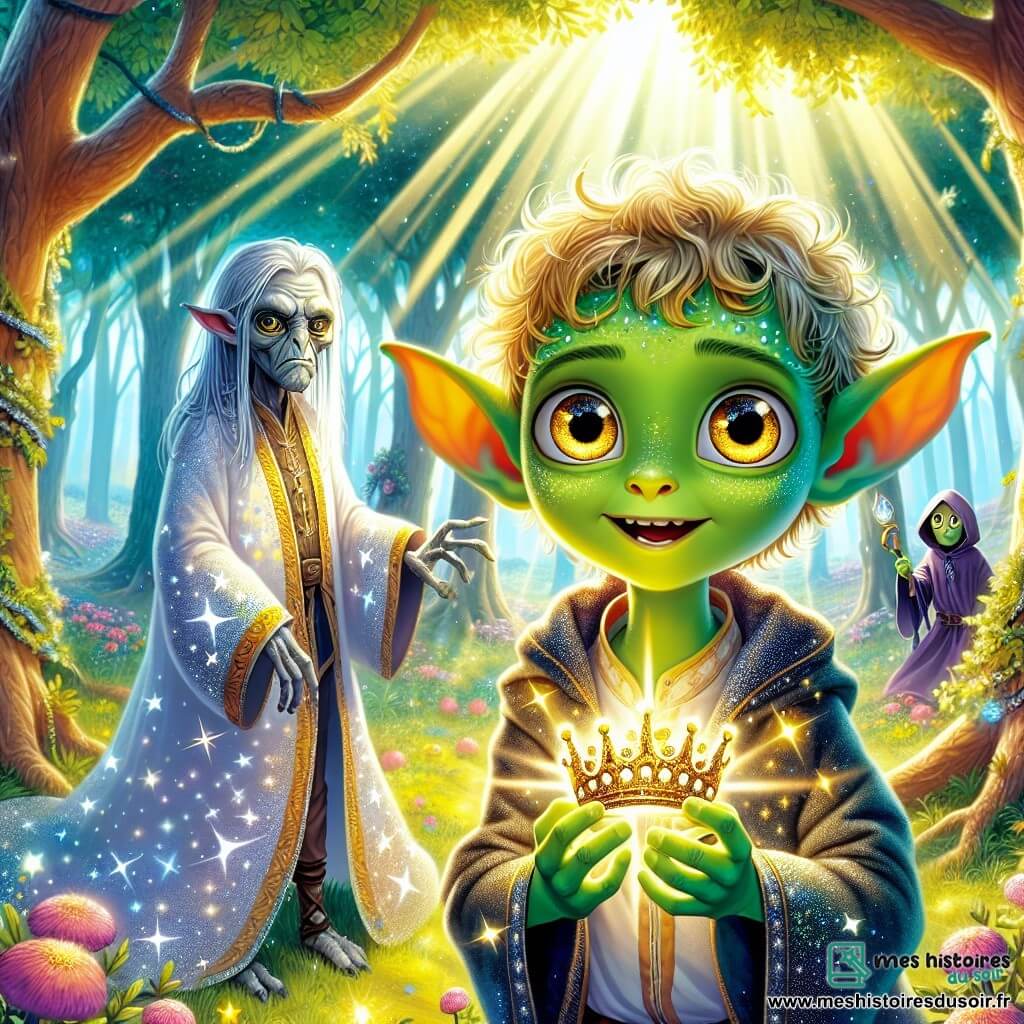 Un jeune extraterrestre aux grandes oreilles et à la peau verte scintillante, avec des yeux dorés brillants d'émerveillement, se tient au centre d'une clairière ensoleillée, tenant une couronne étincelante. Il affiche une expression de détermination et de joie, prêt à affronter l'aventure. À sa droite, un sage à la peau argentée et aux cheveux flottants, vêtu d'une robe ornée de motifs d'étoiles, observe la scène avec un sourire bienveillant. À sa gauche, un sorcier maléfique, drapé dans une cape sombre, avec des yeux noirs perçants et une expression de colère, se tient dans l'ombre d'un arbre. La clairière est entourée d'arbres majestueux et de fleurs colorées brillantes sous le soleil. Le jeune extraterrestre, ayant récupéré la Couronne de la Paix, se tient fermement devant le sorcier maléfique, prêt à défendre son monde tout en illuminant la clairière.
