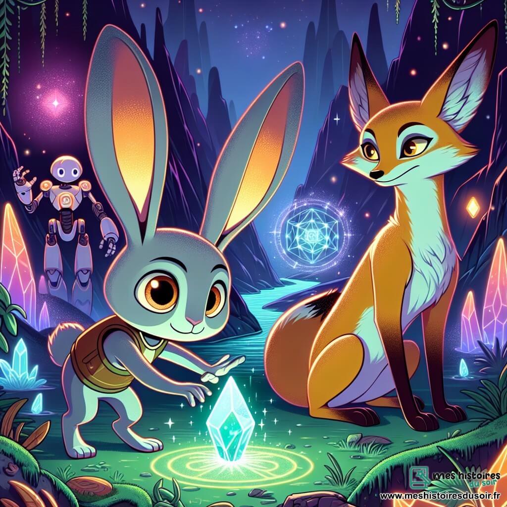 Au centre de l'image, Aldrick, un lapin aux grandes oreilles et à la fourrure couleur brume matinale, affiche une expression déterminée en touchant un cristal lumineux au cœur du Nœud, émettant des éclats de lumière magique. À ses côtés, Fenwick, un renard rusé aux yeux perçants et à la fourrure rousse, l'observe avec fierté, prêt à intervenir. En arrière-plan, Aria, un robot élégant, montre une curiosité émerveillée envers le cristal. La scène se déroule dans une vallée cachée des Montagnes de Verre, où des arbres aux feuilles luminescentes ajoutent du mystère. Aldrick stabilise le Nœud, symbole de l'harmonie entre magie et technologie.