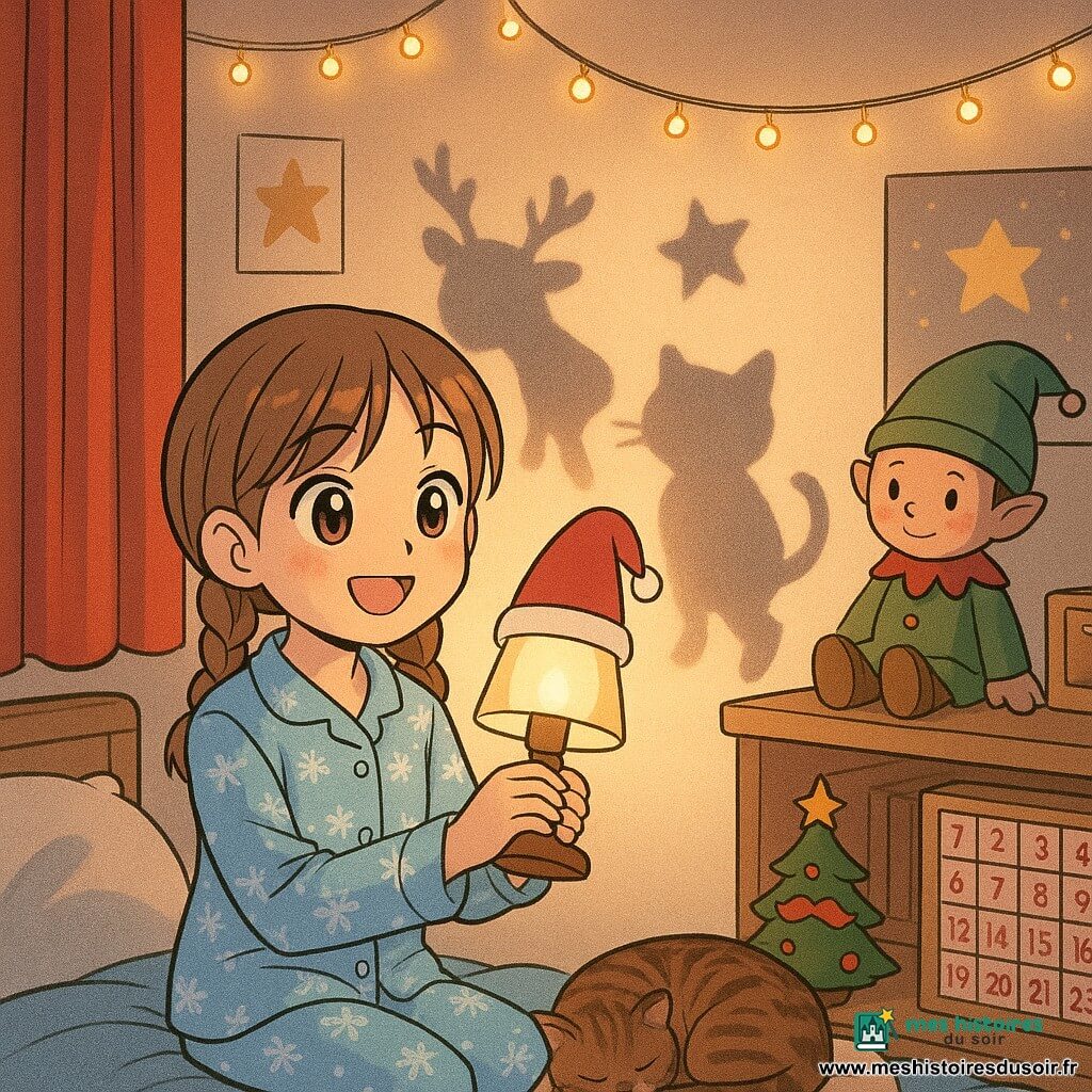 Lila, 8 ans, cheveux châtain clair en deux tresses, en pyjama bleu pâle à flocons, est assise sur son lit, souriante et émerveillée, faisant bouger une petite lampe de chevet coiffée d’un minuscule chapeau de lutin; un petit lutin de tissu aux joues roses et bonnet vert l’observe sur une étagère, le chat Moka brun tigré dort en boule sur le coussin au pied du lit. La chambre, décorée pour Noël (guirlandes lumineuses chaudes, petit sapin avec une boule ornée d’une moustache en papier, posters d’étoiles, calendrier de l’Avent, bois clair et rideau rouge), projette sur le mur des ombres dansantes en forme de renne, chat et étoile; la scène, aux couleurs douces et contrastes chauds (or, rouge, bleu pâle) et traits manga expressifs, dégage chaleur, douceur et malice grâce à l’éclairage de la lampe et des guirlandes.