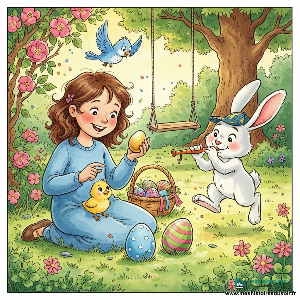 Lila, 6 ans, souriante, joue au jardin avec un œuf doré tintinnabulant dans la main et deux autres œufs sur l’herbe; à droite un lapin blanc anthropomorphe à grandes oreilles porte une casquette à carreaux et souffle dans une flûte en forme de carotte, un poussin jaune duveteux est posé sur le genou de Lila et un oiseau bleu se perche sur une branche; autour, un vieux rosier à gauche, une balançoire accrochée à un chêne, touffes de trèfle et fleurs sauvages, un panier en osier rempli de rubans et d’œufs en chocolat; trois œufs musicaux alignés (doré, bleu à pois blancs, vert à rayures roses), lumière chaude du matin, atmosphère joyeuse et mouvementée; style encre colorée et aquarelle, lignes fines et contours légèrement irréguliers, composition centrée sur Lila et les œufs.