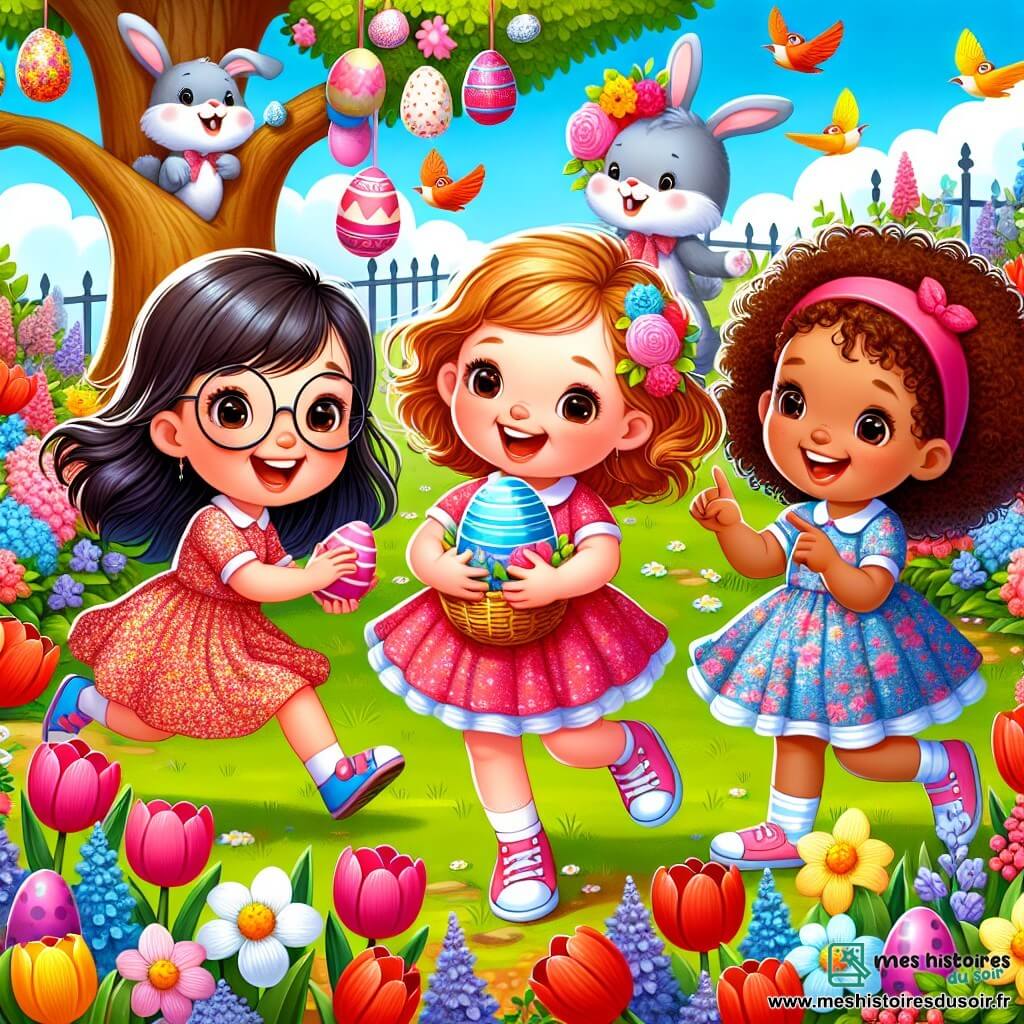 Trois petites filles joyeuses se trouvent dans un jardin coloré : Cécile, 7 ans, avec des cheveux bruns et des lunettes rondes, sourit en tenant un œuf en chocolat ; Émilie, 6 ans, aux cheveux blonds et bouclés, danse avec un œuf rose ; Louisa, 7 ans, avec des cheveux châtains et une robe à fleurs, montre un buisson où se cache un œuf bleu. Le jardin est rempli de tulipes rouges, de jonquilles jaunes et de violettes, sous un ciel bleu clair. Un grand arbre abrite un lapin de Pâques souriant avec un chapeau et un panier d'œufs colorés. Les filles cherchent des œufs de Pâques dans les fleurs, riant de chaque découverte, tandis que le lapin les observe.