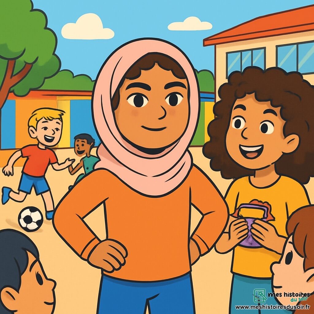 Leïla, une fille de 12 ans aux cheveux bruns et bouclés, portant un foulard pastel, se tient au centre de la cour d'école avec un regard déterminé. À ses côtés, Maïssa, également âgée de 12 ans, l'encourage avec un sourire tout en tenant un goûter coloré. En arrière-plan, Lucas, un garçon de 12 ans aux cheveux blonds, joue au foot avec d'autres enfants. La cour, animée et colorée, est entourée d'arbres verdoyants. Leïla prend la parole pour partager sa culture et ses traditions, captivant l'attention de ses camarades.