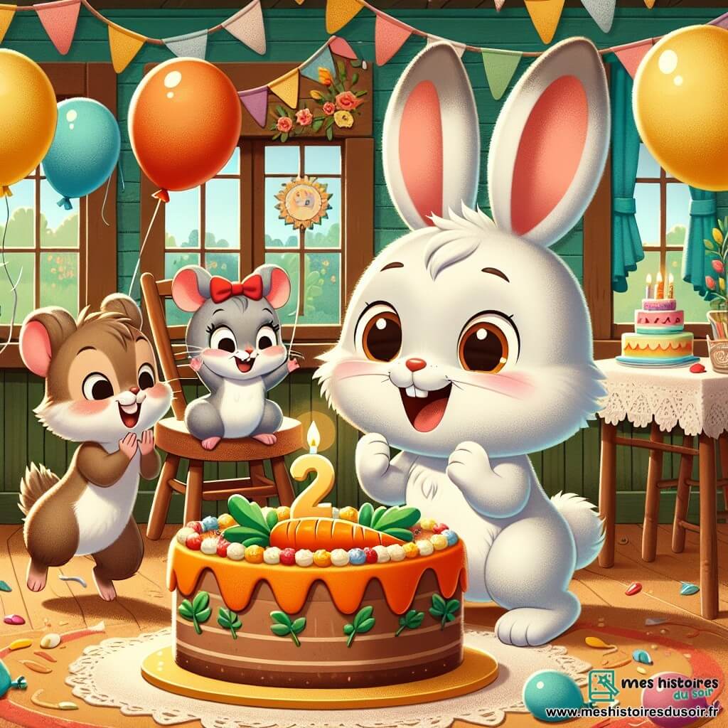 Léon le lapin, avec ses grandes oreilles et son pelage blanc, est au centre de l'image, sautillant de joie devant un gâteau en forme de carotte. À sa droite, Clara la souris, avec un nœud rouge, applaudit sur une chaise, tandis qu'à gauche, Tim le petit écureuil tente d'attraper un ballon coloré. Le décor est une maison de campagne avec des murs en bois et des fenêtres aux rideaux colorés, ornée de ballons et de guirlandes festives. La scène illustre la célébration de l'anniversaire de Léon, entouré de rires et de joie.