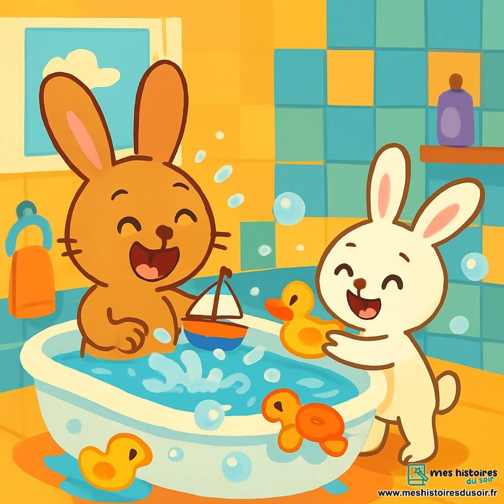 Dans une salle de bain lumineuse, Coco, un grand lapin brun clair, rit en tenant un bateau en plastique, tandis que Lili, sa petite sœur au pelage blanc, lance un canard jaune dans l'eau. La salle de bain est colorée, avec des jouets flottants et des bulles. Ils s'amusent à éclabousser l'eau, créant une ambiance de fête aquatique pleine de rires.