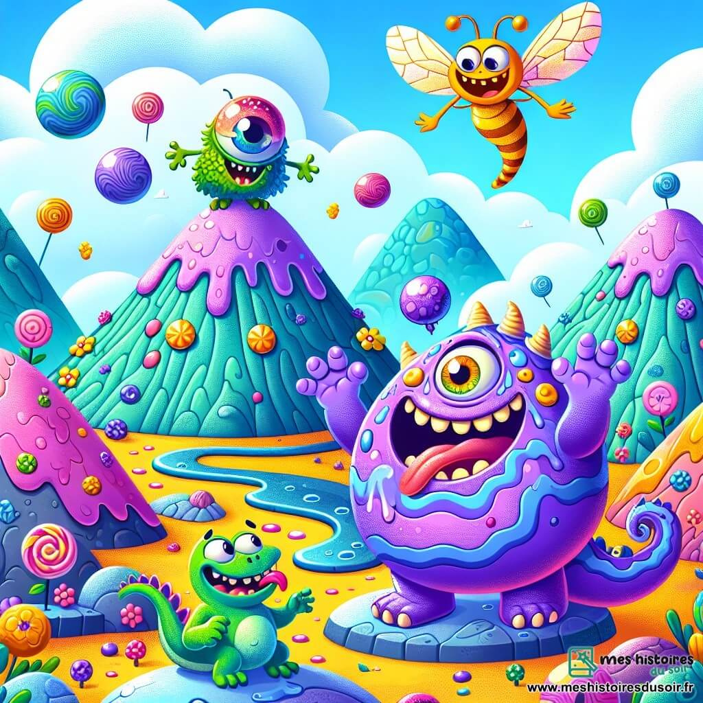 Gronch, un jeune monstre violet vif avec des yeux ronds et une queue serpentiforme, danse maladroitement au sommet de la Montagne Bizarre, affichant une expression joyeuse. À ses côtés, Fulgor, une luciole aux ailes dorées, vole en cercle en riant. Rocco, un petit dragon miniature aux écailles vertes, est assis sur un rocher, riant, tandis que Lili, une grenouille avec un chapeau de chanteuse, est prête à chanter. Le décor coloré comprend des formations rocheuses étranges et des nuages en forme de bonbons. Gronch et ses amis utilisent leurs talents pour faire apparaître des muffins magiques, créant une atmosphère joyeuse et ludique.