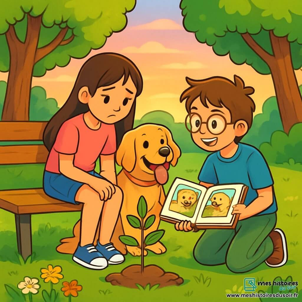 Il y a trois personnages : Jade, une fille de 11 ans avec de longs cheveux bruns, un t-shirt rose et un short en jean, assise sur un banc, pensive ; Lucas, un garçon de 11 ans avec des cheveux châtains en bataille et des lunettes rondes, accroupi à côté d'elle, tenant un album photo de leur chien Max ; et Max, un golden retriever au pelage doré, assis près de Jade. L'histoire se déroule dans un parc verdoyant avec des arbres et des fleurs colorées, sous un coucher de soleil apaisant. Jade et Lucas se remémorent des souvenirs joyeux avec Max, partageant des rires et des larmes, autour d'un arbuste planté en sa mémoire, symbole de leur amour et amitié.