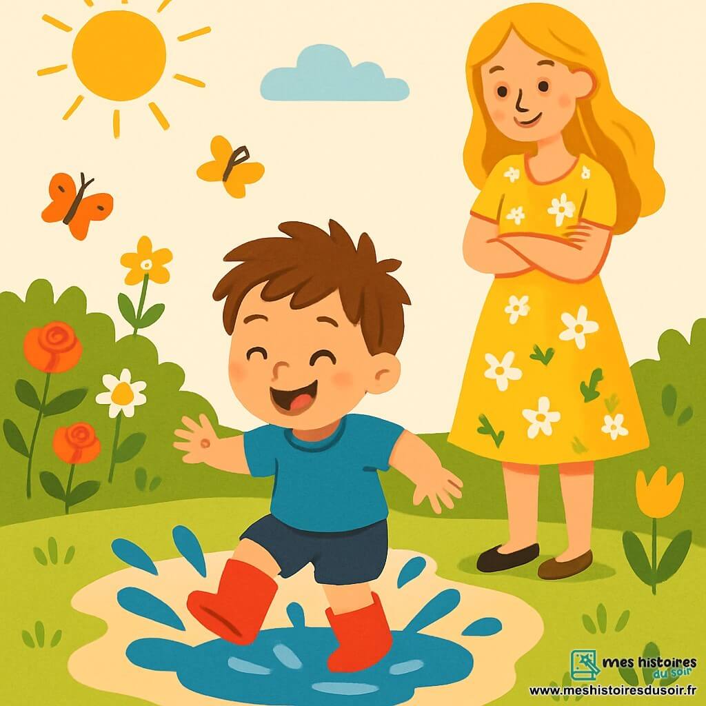 Lucas, un petit garçon de 2 ans aux cheveux bruns en bataille et aux yeux curieux, porte un t-shirt bleu et des bottes rouges. Il saute joyeusement dans une flaque d'eau, éclaboussant autour de lui avec un grand sourire. Sa maman, une femme d'une trentaine d'années aux cheveux longs et blonds, est à proximité dans une robe légère à fleurs, l'observant avec tendresse. Le jardin est rempli de fleurs colorées et des papillons dansent dans l'air sous un soleil éclatant. Lucas s'amuse à explorer la flaque, riant aux éclats, tandis que sa maman l'admire.