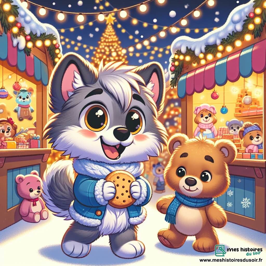 Petit Loup, un jeune loup aux yeux brillants et au pelage doux et gris, est au marché de Noël, émerveillé par les lumières et les jouets colorés. À ses côtés, un ours en peluche marron, souriant et tenant un biscuit, est prêt à partager un moment de joie. Le marché est rempli de stands décorés, de flocons de neige et d'un grand sapin illuminé, créant une ambiance festive. Petit Loup, tout excité, court entre les stands, tandis que l'ours l'invite à goûter un biscuit, entourés de familles joyeuses et de décorations scintillantes.