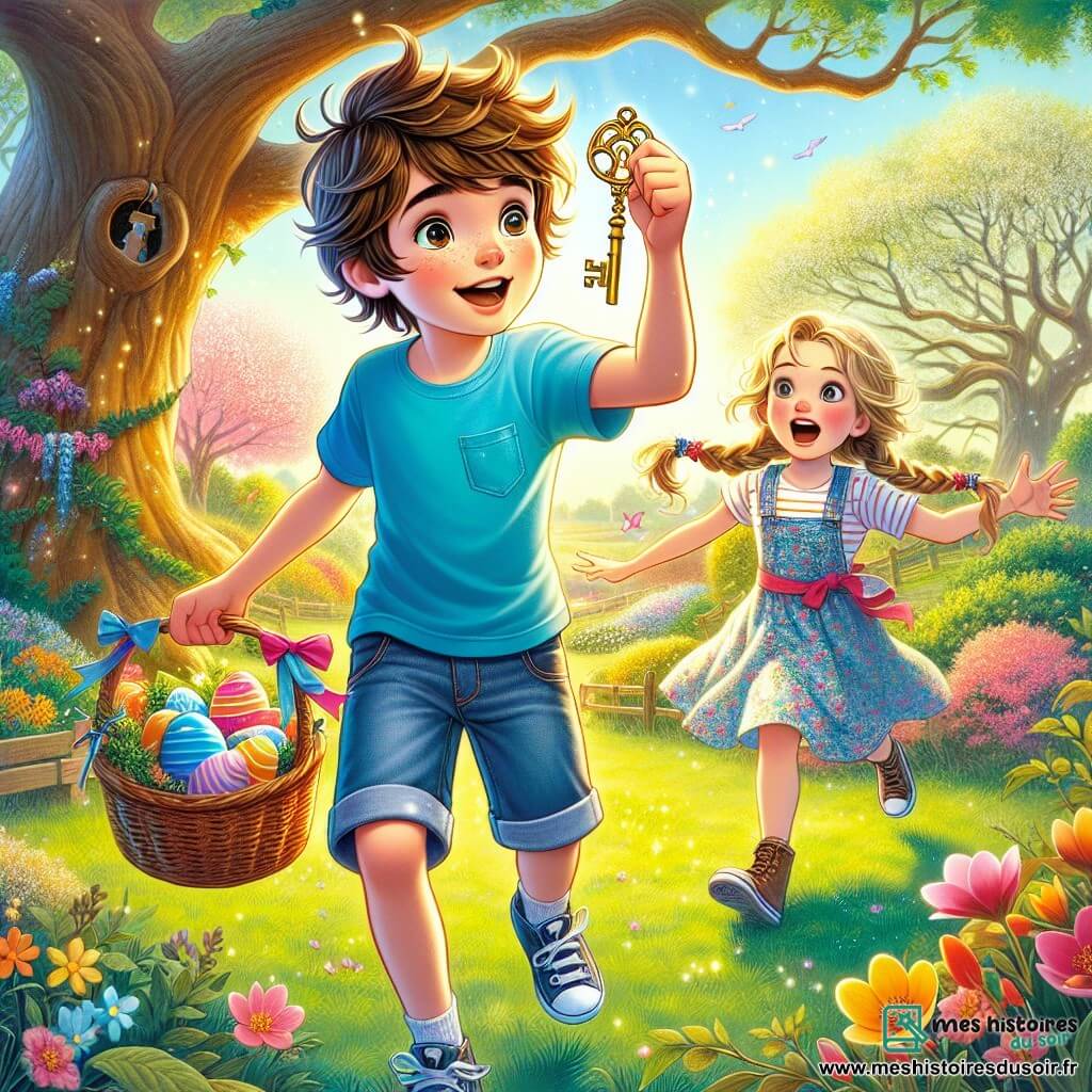 Un garçon de 12 ans nommé Jules se tient au centre de l'image, avec des cheveux châtains en bataille et des yeux curieux. Il porte un t-shirt bleu vif et un short en jean, tenant un panier décoré de rubans colorés, affichant une expression d'excitation en découvrant une clé dorée dans l'herbe. À ses côtés, sa sœur Lili, 8 ans, avec des cheveux blonds tressés et une robe à fleurs, saute de joie, les bras levés, admirant Jules. Le décor est un jardin printanier luxuriant, rempli de fleurs colorées et d'un vieux chêne, avec la lumière du soleil créant des ombres sur le sol. Ils sont en pleine chasse aux œufs de Pâques, Jules tenant la clé dorée, explorant le jardin à la recherche d'indices mystérieux, entourés d'œufs en chocolat cachés.