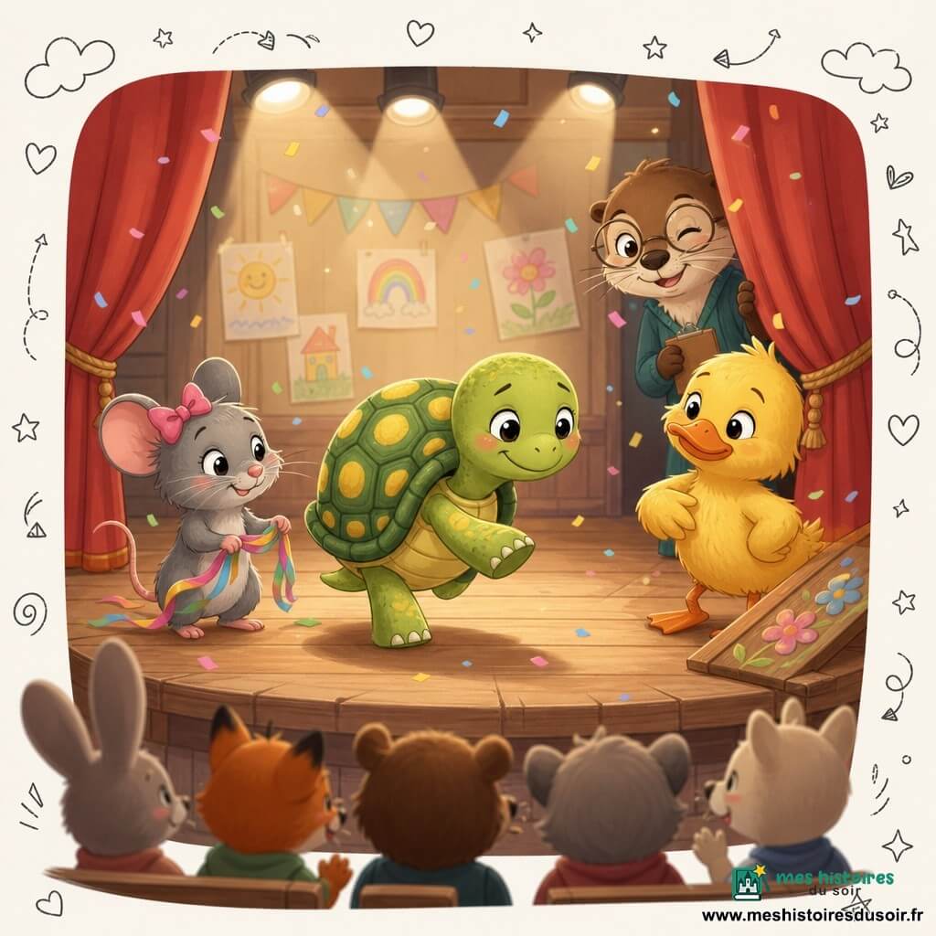 Milo, tortue à la carapace verte tachetée de jaune, avance lentement avec un sourire timide; Nola, petite souris grise au nœud rose, à gauche tient un ruban; Pipo, canard jaune au plumage ébouriffé, à droite avec une rampe fleurie; Madame Loutre, institutrice au pelage brun et lunettes rondes, en arrière-plan sourit et fait un clin d'œil; petite estrade en bois dans une salle d'école chaleureuse éclairée par des projecteurs doux, rideaux rouges et dessins d'enfants, public flou d'animaux; Milo fait une pause au milieu de la danse pendant que ses amis s'écartent, lumière chaude sur leurs visages et confettis en papier tombant.
