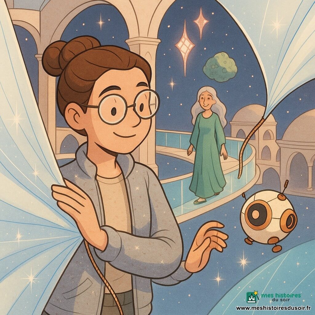 Amaya, archéologue spatiale aux cheveux bruns en chignon et lunettes rondes translucides, sourit sereine en ajustant une grande voile photonique blanche aux reflets bleu pâle tandis que sa veste argentée couverte de poussière d'étoiles flotte; derrière elle, la responsable du cloître, cheveux argentés et robe verte, se tient sur une passerelle lumineuse en souriant; un petit drone crème aux accents cuivre clignote près de sa main. Le décor est un cloître stellaire extérieur avec passerelles translucides, dômes mats, un astéroïde verdoyant et sculptures de lumière roses et dorées; la voile se gonfle, ses fils brillent comme des cordes et des étoiles scintillent. Style graphique: traits doux, couleurs pastel lumineuses, textures légèrement stylisées, expressions chaleureuses et lisibles.