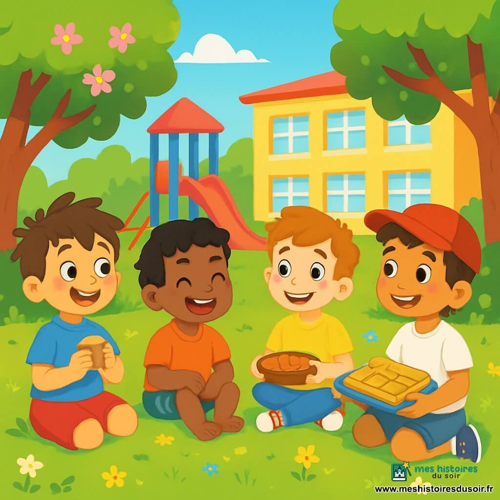 Cinq enfants sont présents : Jules, un garçon de 6 ans avec des cheveux bruns en bataille, un t-shirt bleu et un short rouge, sourit en tenant une madeleine ; Maxime, également 6 ans, avec des cheveux blonds et des lunettes rondes, porte un t-shirt vert et un pantalon beige, regardant Saïd avec admiration ; Théo, 6 ans, a des cheveux noirs et une peau mate, vêtu d’un t-shirt orange et de shorts à rayures, rit en écoutant Saïd ; Lucas, 6 ans, avec des cheveux châtains et des taches de rousseur, porte un t-shirt jaune et un jean, tenant un plat de biscuits au chocolat ; Saïd, 6 ans, avec des cheveux bruns et une peau olive, porte une casquette rouge et un t-shirt blanc, souriant en montrant un plat de baklava. Ils sont dans la cour de récréation, assis en cercle sur l'herbe, partageant des collations et riant ensemble, tandis que Saïd explique sa recette de pâtisseries, créant une atmosphère joyeuse et amicale.