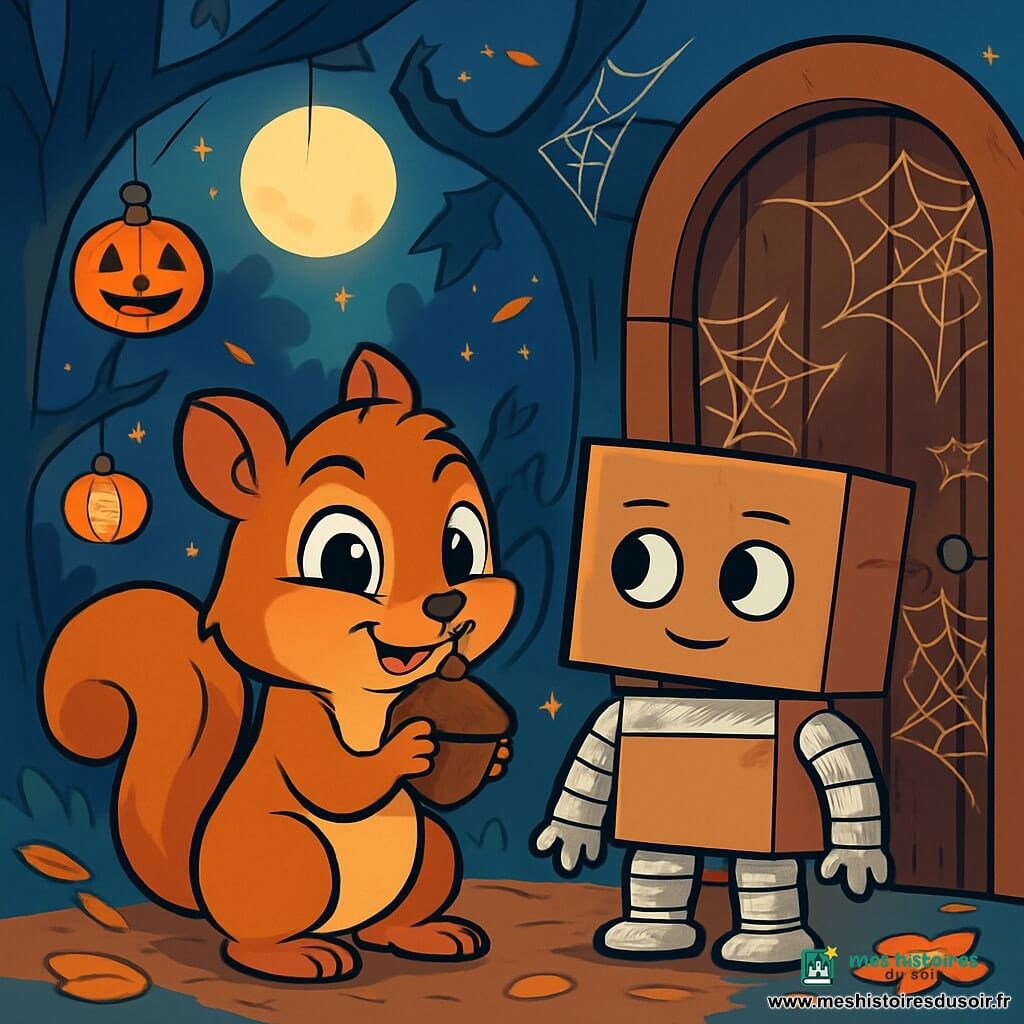 Un petit écureuil nommé Gustave, aux yeux pétillants et à la fourrure brune, se tient au centre de l'image, souriant malicieusement tout en chuchotant à un gland qu'il tient. À côté de lui, un robot en carton nommé Pixel-Box, avec des yeux dessinés et des boîtes en papier aluminium, le regarde avec admiration et curiosité. Le décor, la Forêt des Toiles d’Araignée, est illuminé par des lanternes en forme de citrouilles et des toiles d’araignée scintillent sous la lune, créant une ambiance festive et mystérieuse. Ils se préparent à franchir une vieille porte en bois ornée de toiles d'araignée, qui les invite à entrer dans un monde magique pour Halloween.