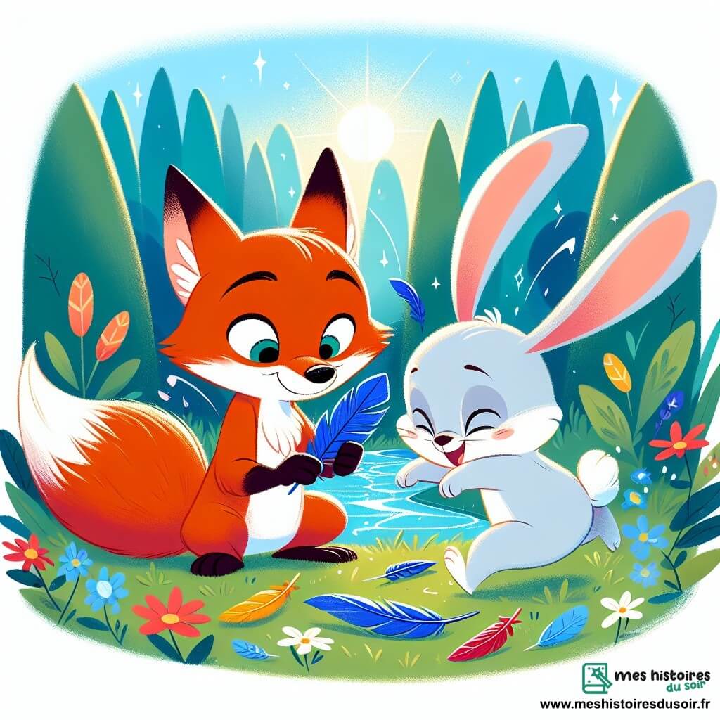 Félix, un renard rusé au pelage orange vif et à la queue touffue, observe avec curiosité une plume bleue brillante qu'il tient dans sa patte. À ses côtés, Léo, un petit lapin blanc aux grandes oreilles, montre de l'excitation en sautillant sur ses pattes arrière. La scène se déroule près d'une mare scintillante, entourée de fleurs colorées et de grands arbres, où le soleil crée des ombres dansantes. Félix et Léo enquêtent en examinant des plumes éparpillées, cherchant des indices sur l'origine de la plume bleue.
