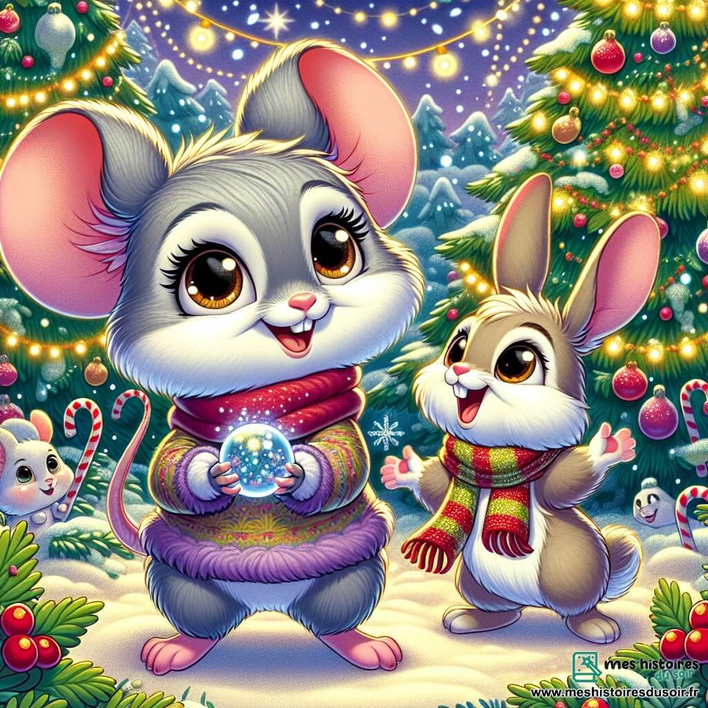 Marnie, une petite souris grise au pelage doux et aux grands yeux pétillants, se tient devant un sapin de Noël décoré de guirlandes et de baies rouges. Elle sourit en tenant une boule de cristal dans ses pattes. À côté, Pippin, un petit lapin brun clair aux grandes oreilles, saute de joie, portant une écharpe colorée. Le décor est une clairière enchantée avec des flocons de neige tombant doucement et des arbres couverts de sucre d'orge, créant une ambiance festive. Marnie et Pippin célèbrent la magie de Noël avec leurs amis animaux, prêts pour la parade de Noël.