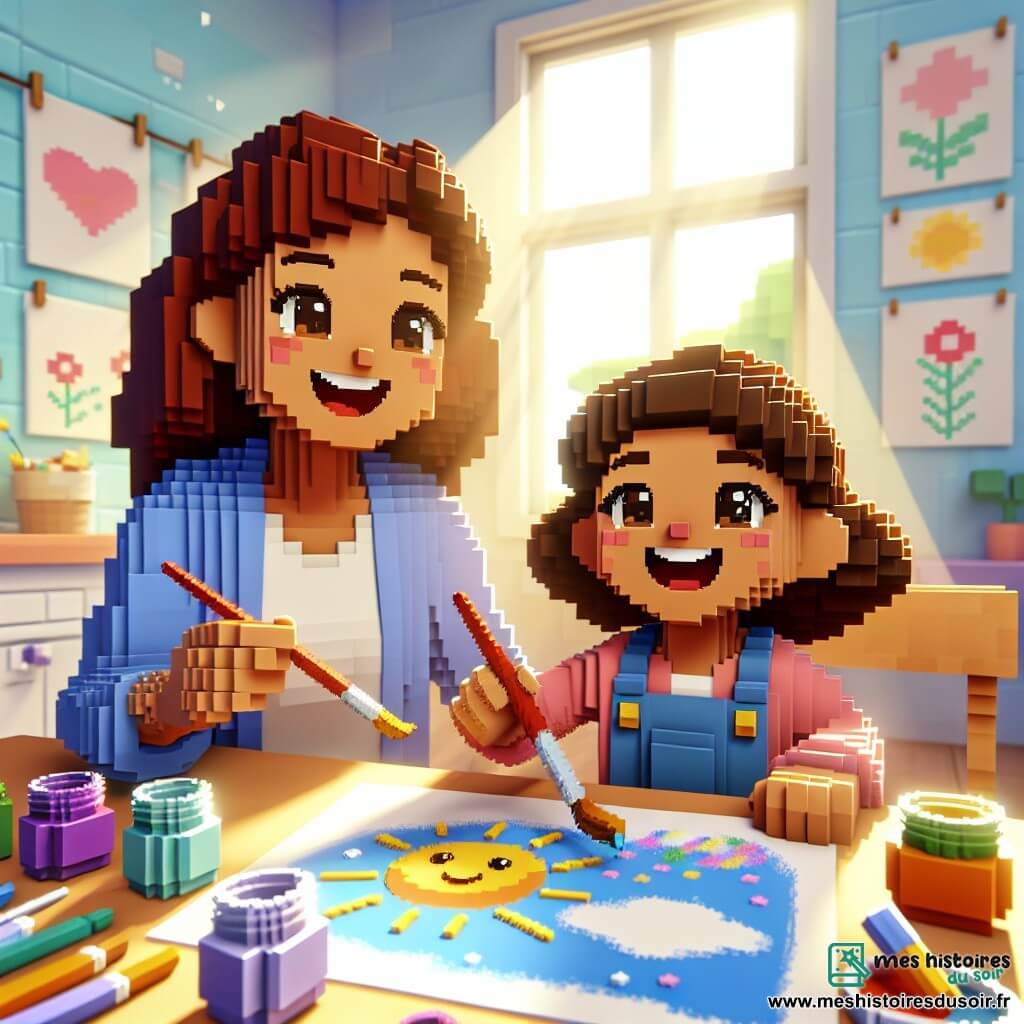 Une petite fille de 2 ans, aux grands yeux pétillants et cheveux bouclés, sourit en tenant un pinceau. Elle est assise à une table entourée de pots de peinture vifs, peignant un ciel bleu sur une feuille blanche. Sa maman, d'environ 30 ans avec des cheveux longs et bruns, l'observe avec un sourire affectueux, également armée d'un pinceau. La scène se déroule dans une cuisine lumineuse, baignée de soleil, avec des murs pastel et des dessins accrochés. La petite fille peint un ciel et un soleil, pleine de joie et d'imagination, tandis que sa maman l'observe avec fierté, créant une atmosphère chaleureuse.