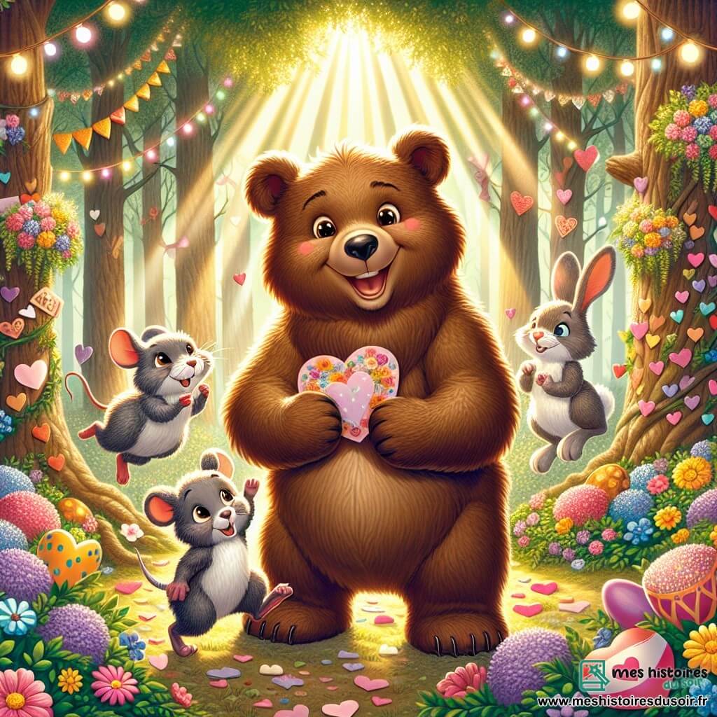Un ours nommé Oscar, avec un pelage brun et des yeux pétillants, se tient dans une forêt enchantée, entouré de fleurs colorées et de cœurs en papier. Il sourit en tenant une carte d'invitation en forme de cœur. À sa droite, une petite souris nommée Margot, avec un pelage gris, saute de joie en tenant un plateau de biscuits en forme de cœur. À gauche, un lapin nommé Hugo, avec un pelage blanc, peint des œufs de Pâques. La scène se déroule dans une clairière lumineuse, où Oscar, Margot et Hugo célèbrent la Saint-Valentin, échangeant friandises et rires dans une atmosphère joyeuse et chaleureuse.