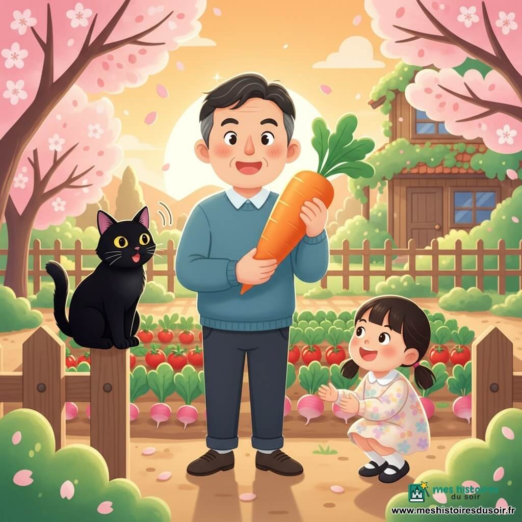 Hiroshi, homme d’environ 40 ans au visage doux et cheveux noirs grisonnants, tient fièrement une grosse carotte orange au centre d’un petit jardin soigné ; à sa gauche, Kuro le bakeneko noir aux yeux jaunes, perché sur un muret en bois, ronronne, et à sa droite une fillette de 7 ans en couettes et robe fleurie s’accroupit, émerveillée en recevant la carotte ; le jardin présente rangées de légumes, tomates rouges et radis roses, bordé de cerisiers en fleurs et d’une maison en bois couverte de lianes, baigné d’un doux coucher de soleil doré aux ombres longues ; composition chaleureuse, couleurs vives, formes arrondies, ambiance de partage et de simplicité.