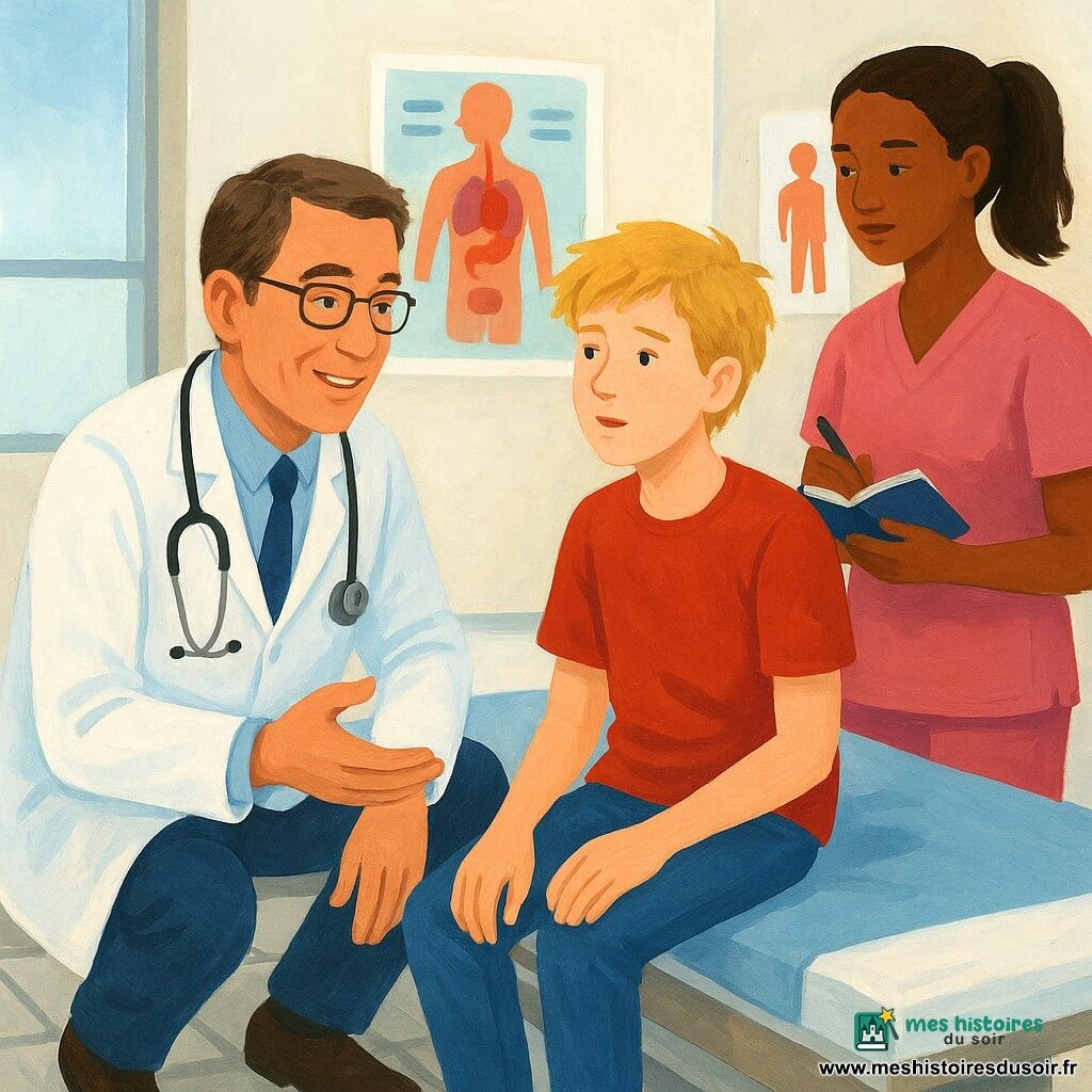 Le docteur Martin, un homme d'une quarantaine d'années avec des cheveux bruns grisonnants et des lunettes, sourit de manière rassurante. Il est accroupi près d'Enzo, un garçon de 12 ans aux cheveux blonds en bataille, assis sur un brancard. Lila, une jeune femme de 25 ans avec une queue de cheval, observe avec un carnet à la main, debout à côté du docteur. La scène se déroule dans une salle d'examen d'hôpital lumineuse, aux murs blancs et affiches colorées. Le sol est carrelé, et une grande fenêtre laisse entrer la lumière. Le docteur explique calmement à Enzo l'importance de bien s'hydrater, tandis que Lila prend des notes, créant une atmosphère d'apprentissage bienveillante.