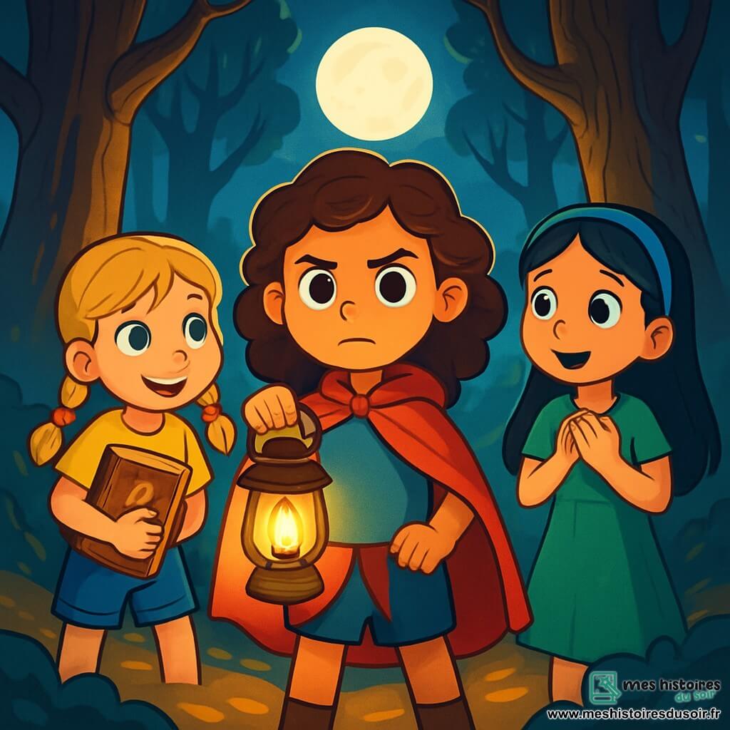 Il y a trois personnages : Lila, une fille de 9 ans avec des cheveux bouclés et bruns, portant une cape rouge vif et brandissant une lanterne ; Zoé, une fille de 8 ans avec des tresses blondes et un t-shirt jaune, tenant un vieux livre de contes ; et Maëlys, une fille de 9 ans avec de longs cheveux noirs, habillée d’une robe verte, regardant émerveillée les arbres. L'histoire se déroule dans une forêt mystérieuse avec de grands arbres sous un ciel étoilé, où la lune brille et une brume légère flotte. Les trois amies se tiennent à la croisée de trois sentiers, prêtes à affronter le grand méchant loup, leurs visages reflétant détermination et excitation.