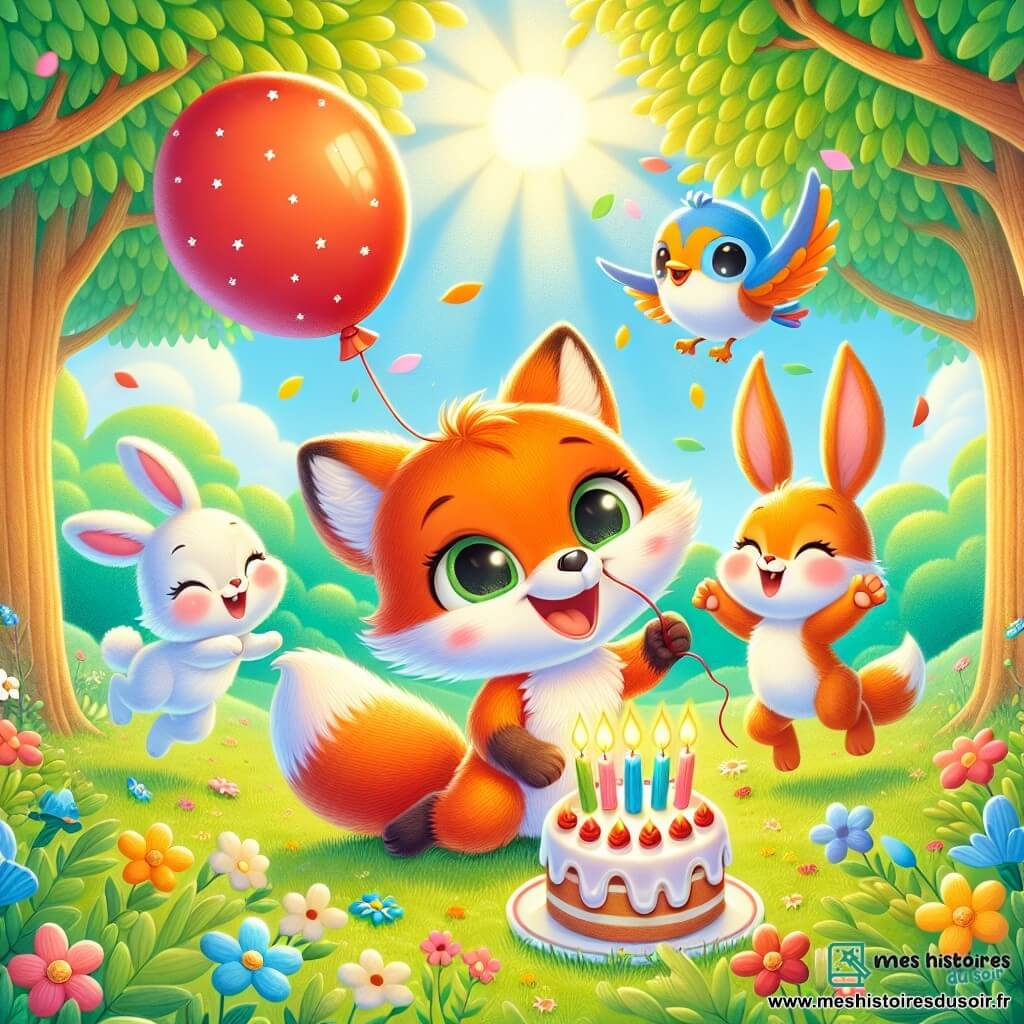 Petit Renard, un renard orange aux yeux pétillants, saute de bonheur en tenant un gâteau d'anniversaire décoré de bougies. À sa droite, Lapin, un petit lapin blanc avec des grandes oreilles, sourit en tenant un ballon rouge. À sa gauche, Oiseau, un oiseau bleu vif, chante joyeusement sur une branche. La scène se déroule dans une clairière ensoleillée, entourée d'arbres verts et de fleurs colorées, avec une ambiance festive. Petit Renard célèbre son anniversaire entouré de ses amis, tous joyeux et prêts à déguster le gâteau.