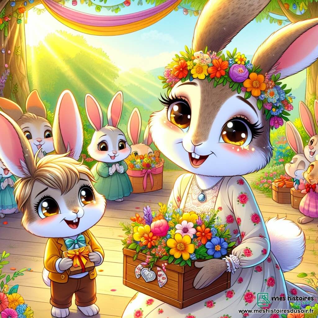 Pimpin, un jeune lapin aux grandes oreilles tachetées de blanc et de brun, se tient debout avec un grand sourire, tenant une boîte en bois ornée de fleurs colorées. Ses yeux pétillent d'excitation alors qu'il regarde sa maman, Madame Longueoreille, une lapine douce à genoux, émue par le cadeau. Elle porte une jolie robe en fleurs et ses oreilles tombent sur ses épaules. La scène se déroule dans un jardin de Lapinville, rempli de fleurs éclatantes et de rayons de soleil, où des lapins de toutes tailles se rassemblent, applaudissant et souriant. Pimpin offre avec fierté une boîte remplie de lettres d'amour et d'un médaillon en argent à sa maman, symbolisant leur amour éternel lors de la fête des mères.