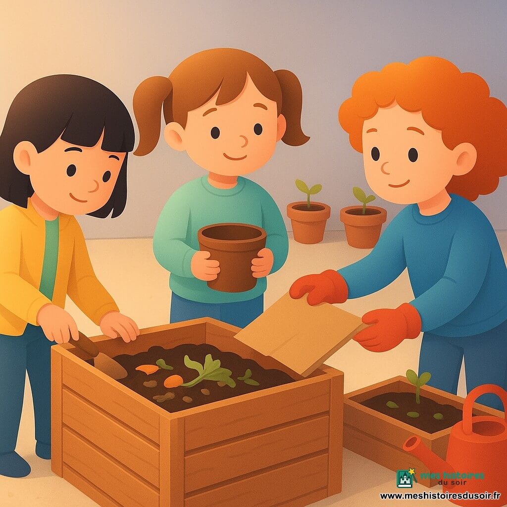 Trois filles de 6 ans travaillent près d’un bac à compost en bois dans une cour d’école claire et minérale : Lila, châtain clair en deux couettes, pull vert clair, tient un petit seau marron à droite du groupe et sourit en regardant le compost ; Inès, cheveux noirs au carré, veste jaune, tient une petite pelle en bois à gauche de Lila et observe la terre ; Jade, cheveux roux frisottés, sweat bleu et gants de jardinage rouges, attrape doucement un carton devant les autres. Elles déposent des cartons et des épluchures de légumes dans le bac ; la scène se déroule en fin d’après‑midi, avec une lumière douce, des couleurs chaudes et une atmosphère concentrée, joyeuse et d’entraide, entourée de pots en terre cuite, bacs de fleurs et un arrosoir rouge.
