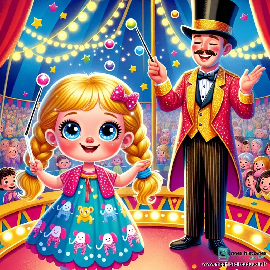 Une petite fille de 6 ans, avec des tresses dorées et une robe à motifs d'éléphants bleus, sourit joyeusement en tenant une baguette magique en plastique. Elle est entourée de confettis dorés, tandis qu'un jongleur de 30 ans, en veste rouge et chapeau haut-de-forme, lance des quilles avec un grand sourire. En arrière-plan, le chapiteau du cirque est décoré de couleurs vives et de lumières scintillantes, avec des spectateurs applaudissant. La scène illustre la magie d'un numéro de cirque, créant une ambiance festive.
