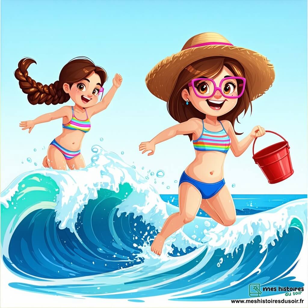 Quatre enfants s'amusent sur une plage ensoleillée : Mia, 8 ans, avec des cheveux bruns et des lunettes roses, porte une tenue de baignade à rayures et tient un seau rouge. Zoé, 7 ans, avec des cheveux blonds en tresses et un chapeau de paille, porte une tenue bleue et saute dans les vagues. Léa, 8 ans, avec des cheveux châtains et des taches de rousseur, porte une tenue à fleurs et construit un château de sable. Emma, 6 ans, avec des cheveux bouclés et un bandeau rose, porte une tenue violette et éclabousse l'eau en riant. La plage a du sable doré et des vagues turquoise, et l'atmosphère est joyeuse, pleine de vie et d'esprit estival.