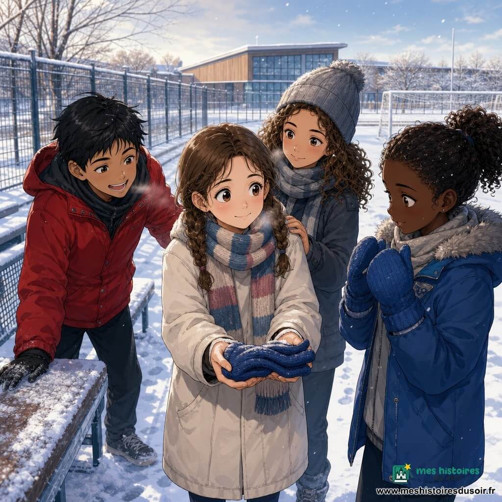 Une fillette de 12 ans au regard doux offre des gants bleus en laine, entourée d'amis : Samir (12) en manteau rouge à gauche rit en regardant un banc gelé, Inès (12) en bonnet gris se tient derrière la main sur l'épaule d'une plus jeune, et Lina (11) porte les gants trop grands à droite près des buts; tout se passe sur un terrain de sport enneigé près d'une médiathèque, grillage et bancs couverts de neige, traces de pas formant un chemin, souffle visible dans une lumière hivernale calme et solidaire.