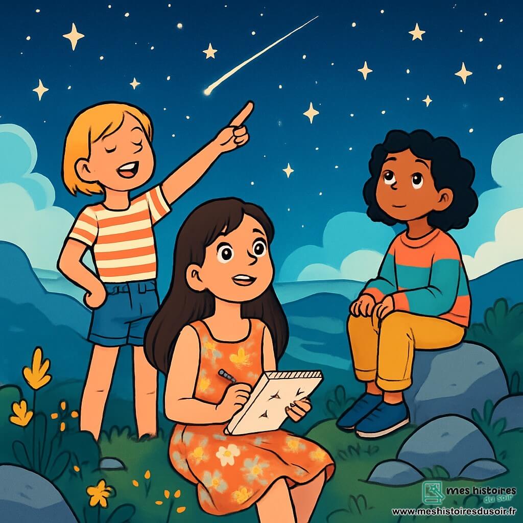Il y a 3 personnages : Lila, une fille de 12 ans aux longs cheveux bruns, portant une robe légère et tenant un carnet de croquis, observe la nature. Zoé, également âgée de 12 ans, a des cheveux courts et blonds, elle est en t-shirt rayé et short en denim, les bras croisés avec un sourire espiègle. Maya, avec des cheveux bouclés et noirs, porte un pull coloré et un pantalon confortable, assise sur une pierre, regardant les autres avec curiosité. L'action se déroule au sommet de la Montagne des Étoiles, sous un ciel nocturne étoilé, entouré de nuages doux et de vallées verdoyantes. Les trois amies, émerveillées, profitent de la beauté du ciel. Lila dessine, Zoé pointe une étoile filante, et Maya écoute les murmures des étoiles, cherchant des réponses.