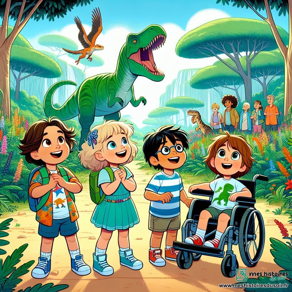 Dans une forêt verdoyante, quatre enfants émerveillés découvrent une machine à voyager dans le temps. Léo, 8 ans, cheveux bouclés et blonds, sourit dans sa robe colorée. Sam, 7 ans, cheveux bruns en bataille, saute de joie en t-shirt rayé et short. Mia, 9 ans en fauteuil roulant, avec des cheveux longs et noirs, admire un dinosaure au loin, portant un t-shirt à motif de dinosaure. Tom, 8 ans, cheveux châtains et lunettes rondes, observe le paysage en pull bleu. La forêt luxuriante, avec ses arbres géants et fleurs colorées, entoure la machine brillante, et les enfants s'apprêtent à appuyer sur le bouton rouge, impatients de commencer leur aventure.