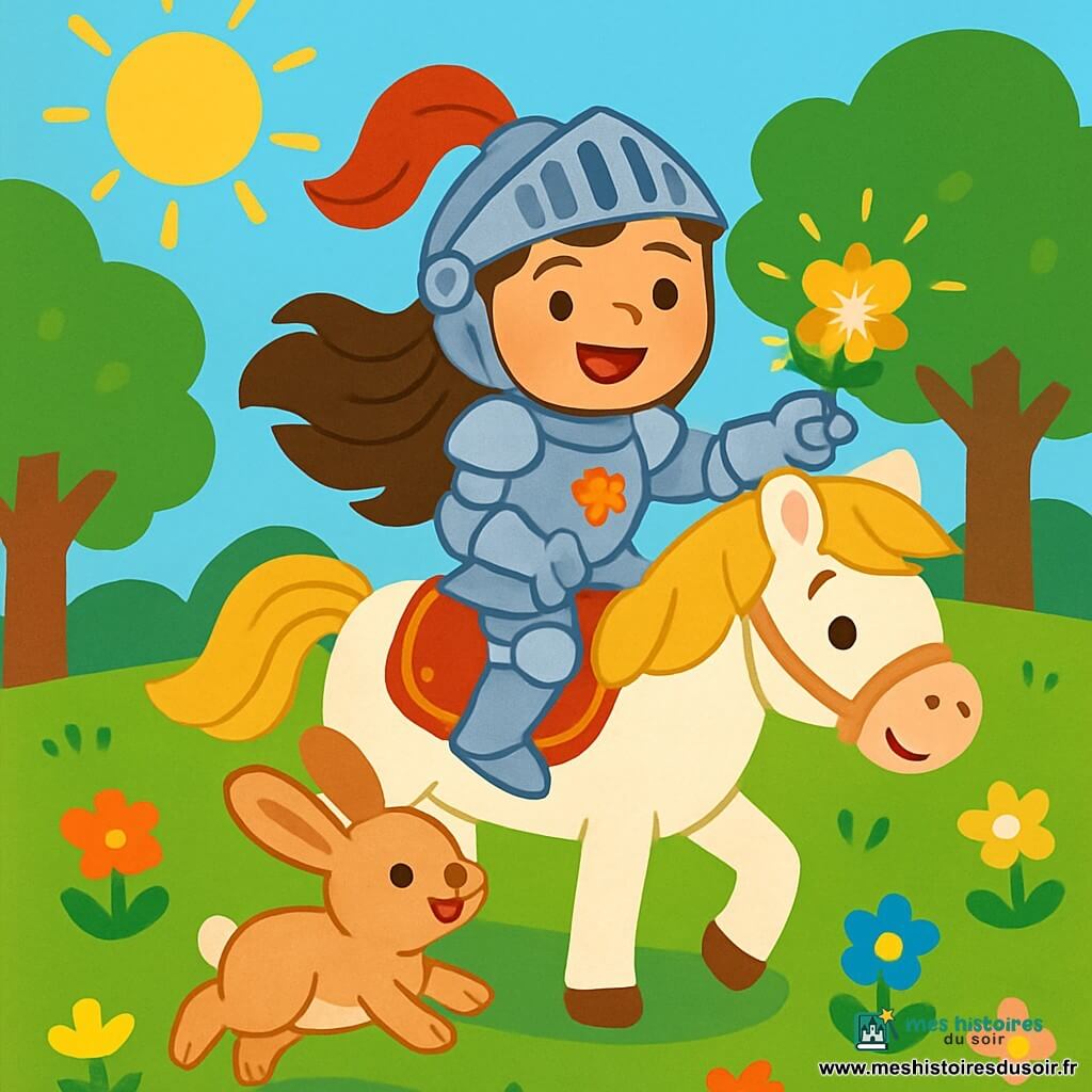 Lila, une jeune chevaleresse, est fièrement montée sur son cheval blanc, Plume. Elle porte une armure brillante avec des motifs floraux et affiche un sourire déterminé tout en tenant une fleur magique. À ses côtés, un petit lapin aux grandes oreilles, heureux d'avoir été sauvé, regarde la fleur avec curiosité. La scène se déroule dans une prairie verdoyante, illuminée par le soleil, entourée d'arbres majestueux. Lila, ayant cueilli la fleur magique, se prépare à retourner au château, le cœur rempli de fierté et d'aventure.