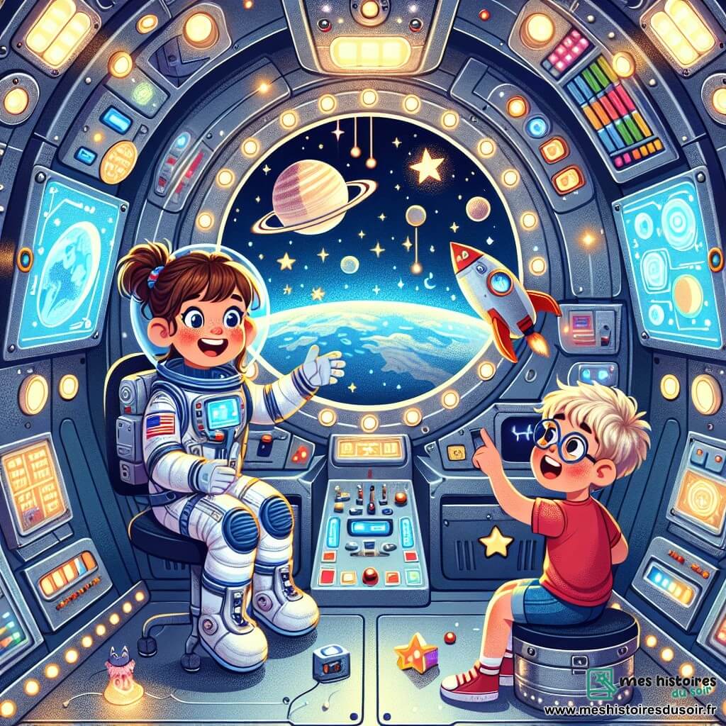 Lila, une jeune astronaute aux cheveux bruns en queue de cheval, porte une combinaison spatiale blanche et bleue et sourit d'excitation en flottant dans un vaisseau spatial. Elle montre à Timmy, un petit garçon d'environ 8 ans avec des cheveux blonds en bataille et des lunettes rondes, comment utiliser un tableau de contrôle. Timmy, vêtu d'un t-shirt rouge et d'un short bleu, est assis à côté d'elle, tenant un petit modèle de fusée. L'intérieur du vaisseau est rempli de lumières clignotantes et d'écrans montrant des images de planètes et d'étoiles, tandis que des hublots offrent une vue sur l'espace. Lila explique le fonctionnement des commandes, et Timmy, fasciné, pose des questions et pointe les images des planètes.
