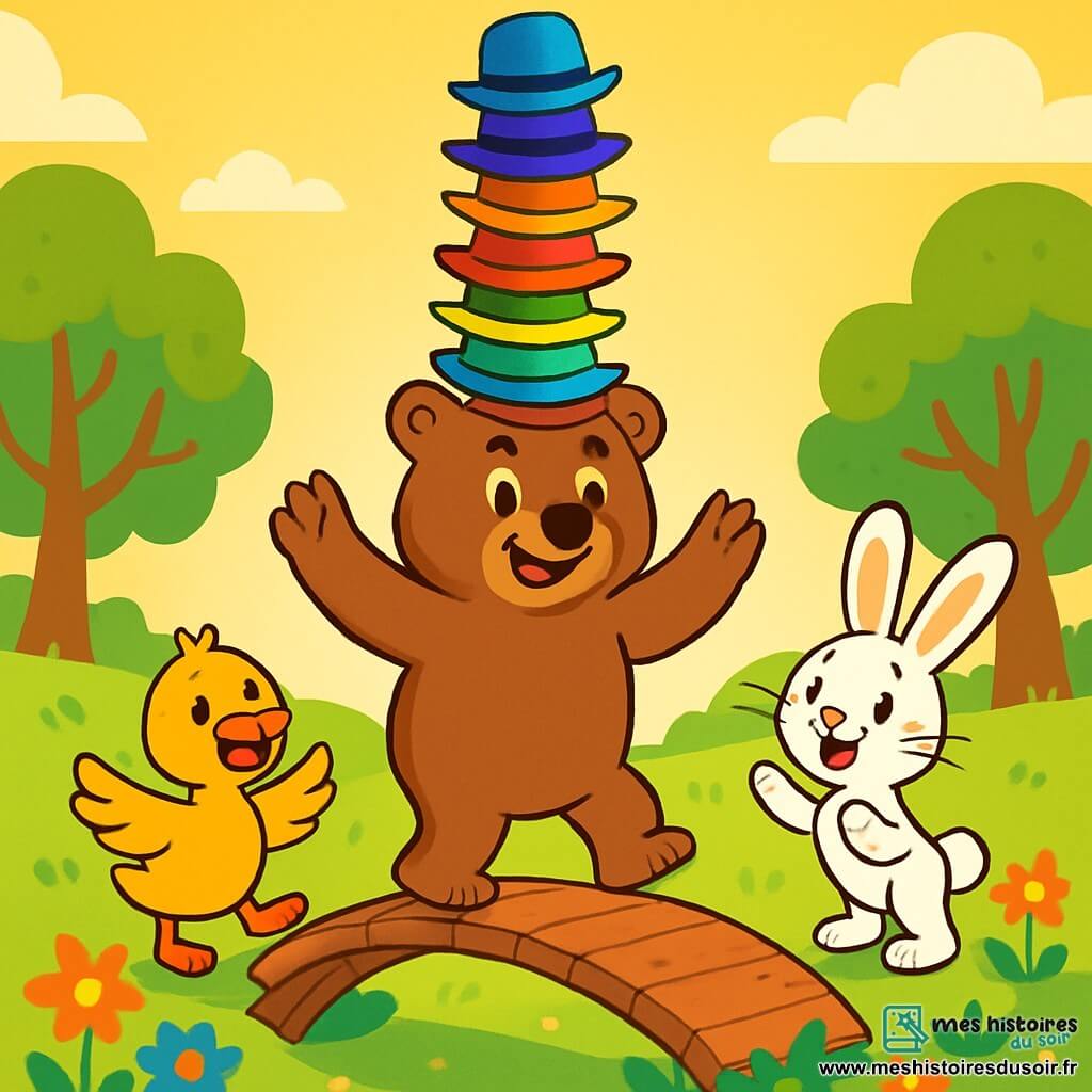 Nino l’ours, un grand ours brun aux yeux pétillants et au sourire joyeux, se tient au centre de la scène, les pattes levées en équilibre sur un pont en bois qui tremble sous ses pas. Il porte une tour de dix chapeaux colorés qui vacillent au-dessus de sa tête. À sa droite, Lili la lapine, avec ses grandes oreilles blanches, saute d'excitation, prête à applaudir Nino. À sa gauche, Coco le canard, avec son plumage jaune vif, bat des ailes avec enthousiasme, prêt à chanter pour encourager son ami. Le décor est une clairière verdoyante, baignée de lumière dorée, avec des fleurs colorées et des arbres majestueux en arrière-plan. Nino, concentré, tente de traverser le pont en équilibre sur sa tour de chapeaux, tout en chantant doucement. La scène est pleine de mouvement et de joie, capturant l'esprit du défi impossible et l'amitié qui unit ces personnages.