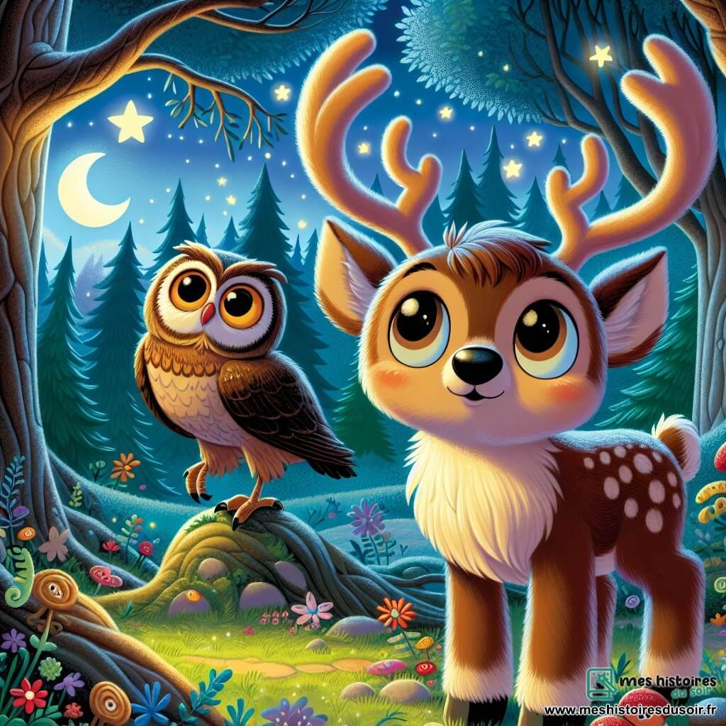Un renne nommé Renaud, avec des bois brillants et doux, regarde le ciel avec curiosité et inquiétude. À ses côtés, Fernand le hibou, perché sur une branche, observe Renaud avec un sourire malicieux. La scène se déroule dans une clairière enchantée de la forêt de Frolicville, entourée d'arbres majestueux et de fleurs colorées, sous la douce lumière de la lune. Renaud et Fernand enquêtent sur la disparition de plusieurs étoiles, dans une ambiance magique et mystérieuse.