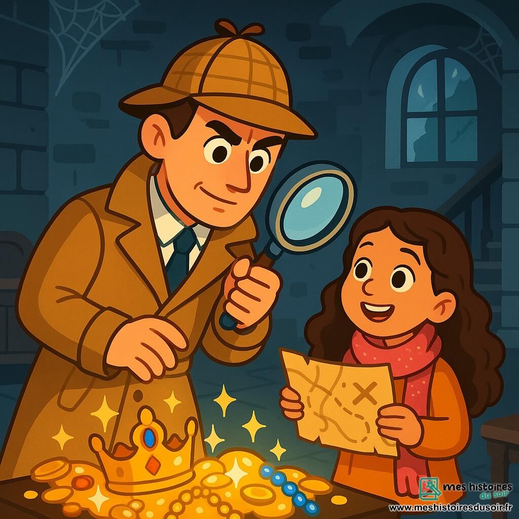 Un détective, Arthur, âgé d'environ 30 ans, se tient au centre de l'image, portant un trench-coat beige et un chapeau, avec une loupe dans sa main droite. À ses côtés, Léa, une fille de 10 ans aux cheveux longs et bouclés, admire Arthur tout en tenant une carte mystérieuse. Le décor est un vieux manoir abandonné avec des murs en pierre grise et des meubles poussiéreux. Une lumière tamisée filtre à travers une fenêtre brisée, créant une ambiance intrigante. Arthur et Léa découvrent un trésor caché dans une pièce sombre, avec des bijoux étincelants éparpillés autour d'eux.