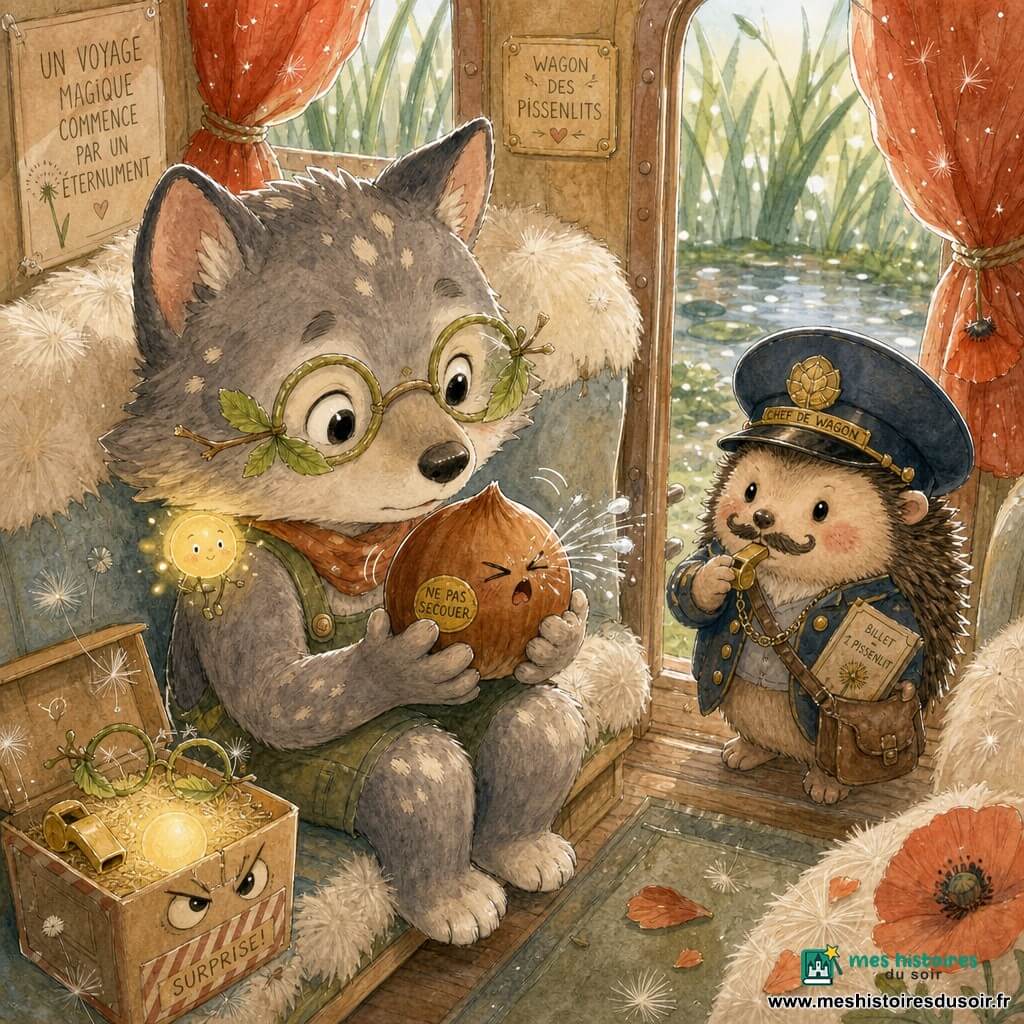 Petit loup anthropomorphe nommé Loupiot, au pelage gris tacheté de crème, expression sereine et curieuse, assis dans un minuscule wagon tenant une noisette magique ronde avec autocollant doré «NE PAS SECOUER» qui éternue et vibre, portant des lunettes en feuilles et une petite boule lumineuse sautillante sur l'épaule; un hérisson conducteur petit et sérieux, casquette trop grande et moustache crayonnée, se tient dans l'allée en soufflant dans un sifflet et regardant bienveillant vers Loupiot; une boîte à surprises espiègle, couvercle ouvert sur la banquette rembourrée de plumes de pissenlit, contient un sifflet minuscule, des lunettes en feuilles et une boule lumineuse; décor intérieur du wagon aux rideaux en pétales de coquelicot, fenêtre sur des brins d'herbe géants et une flaque-lac, couleurs pastel et textures aquarelle avec rehauts blancs, scène centrée sur les personnages, ambiance douce, drôle et légèrement magique, lumière chaude émanant de la boule lumineuse.