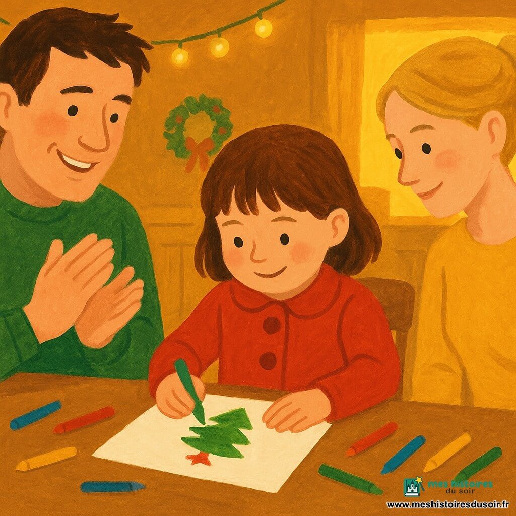 Lila, une fillette de 5 ans, dessine joyeusement une carte de Noël à une table de cuisine. Elle porte un manteau rouge et est entourée de ses parents. Papa, souriant, applaudit doucement tandis que Maman regarde avec tendresse. La cuisine, décorée de guirlandes lumineuses, baigne dans une lumière dorée, créant une ambiance chaleureuse et festive.