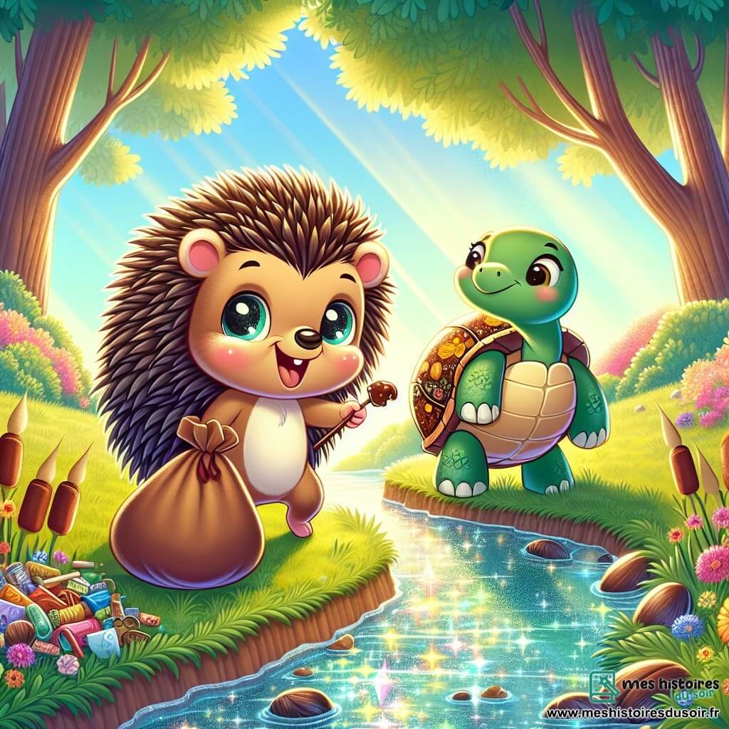 Léo, un hérisson aux piquants doux, sourit en ramassant des déchets colorés avec ses petites pattes, tandis que Tula, une tortue sage, l'observe avec fierté près d'un ruisseau scintillant. Ils se trouvent dans une clairière ensoleillée, entourée de fleurs et d'arbres, où le ruisseau ajoute une touche de magie. Ils nettoient la réserve naturelle, soulignant l'importance de la protection de l'environnement, avec des déchets éparpillés autour d'eux et des papillons et oiseaux volant joyeusement.