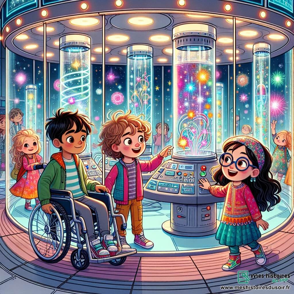 Dans un laboratoire futuriste en verre, Mia, 10 ans, aux cheveux bouclés bruns, observe un grand appareil brillant. À ses côtés, Lucas, 9 ans, en lunettes et cheveux blonds en bataille, appuie sur un bouton avec un sourire. Tom, 11 ans en fauteuil roulant, avec des cheveux châtains et des lunettes, regarde émerveillé, tandis que Lila, 10 ans, aux cheveux longs noirs, danse joyeusement autour d'eux. Le laboratoire regorge de machines scintillantes, de lumières multicolores et d'écrans montrant des étoiles et des galaxies. Les quatre amis découvrent un transmetteur d’étoiles émettant des lumières étincelantes et une mélodie douce, créant une ambiance magique propice au chant et à la danse.
